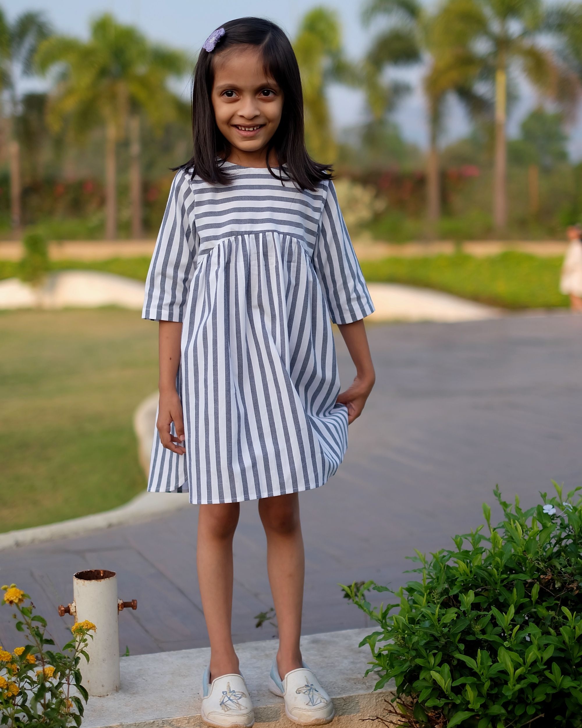 Girls blue and white clearance striped dress