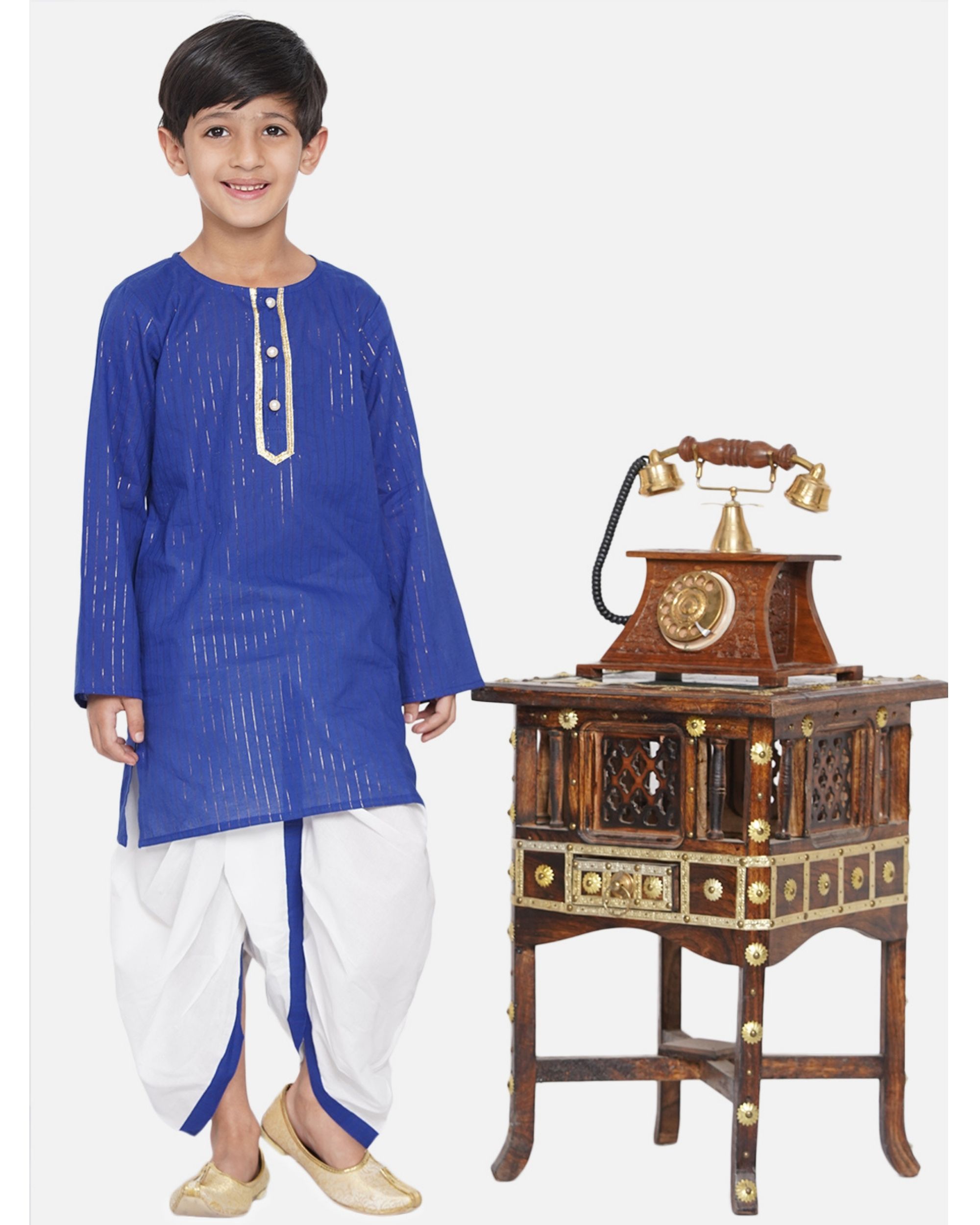 Royal blue and cream golden striped kurta and dhoti - set of two