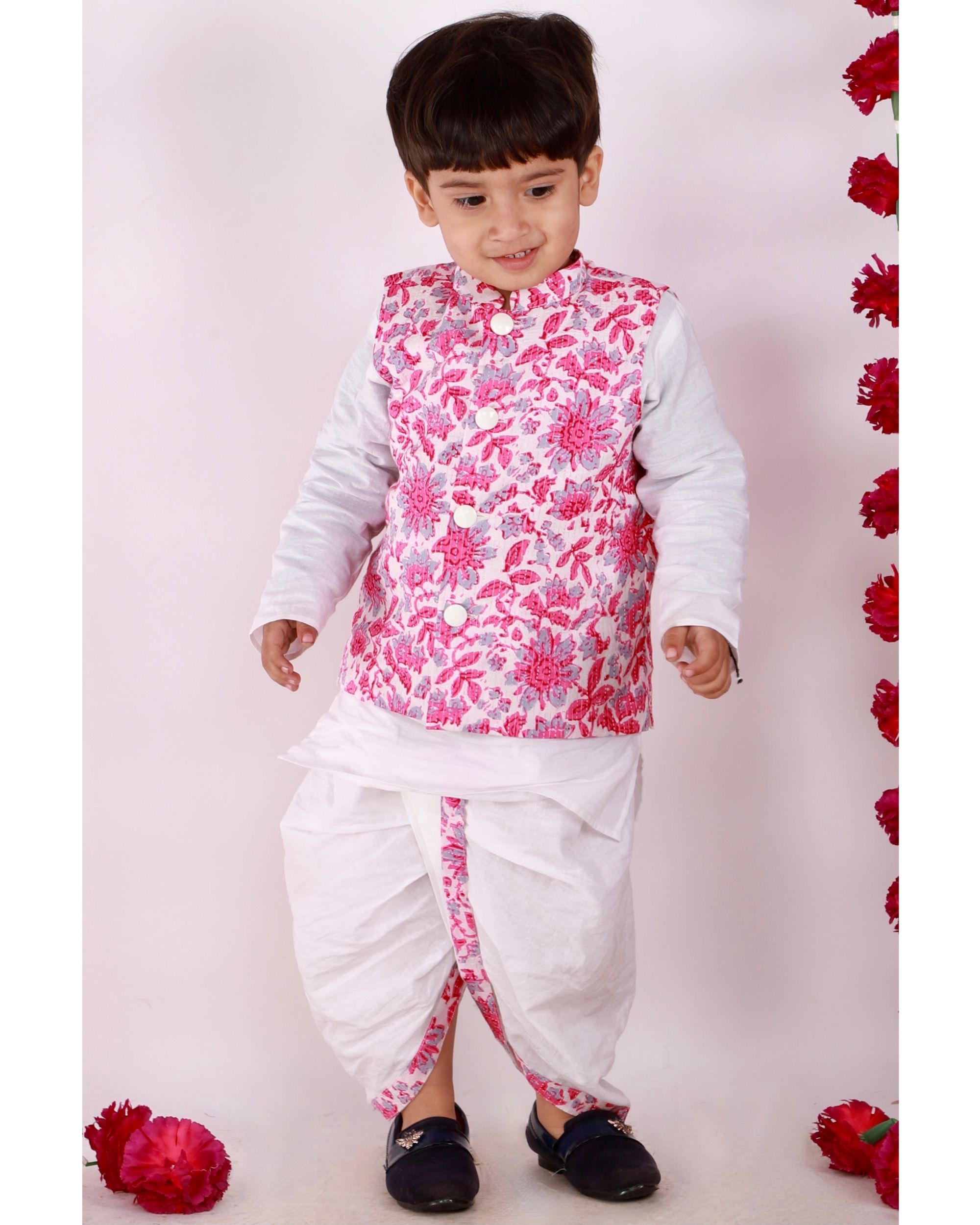 Pink and white floral kantha jacket with kurta and dhoti - set of three