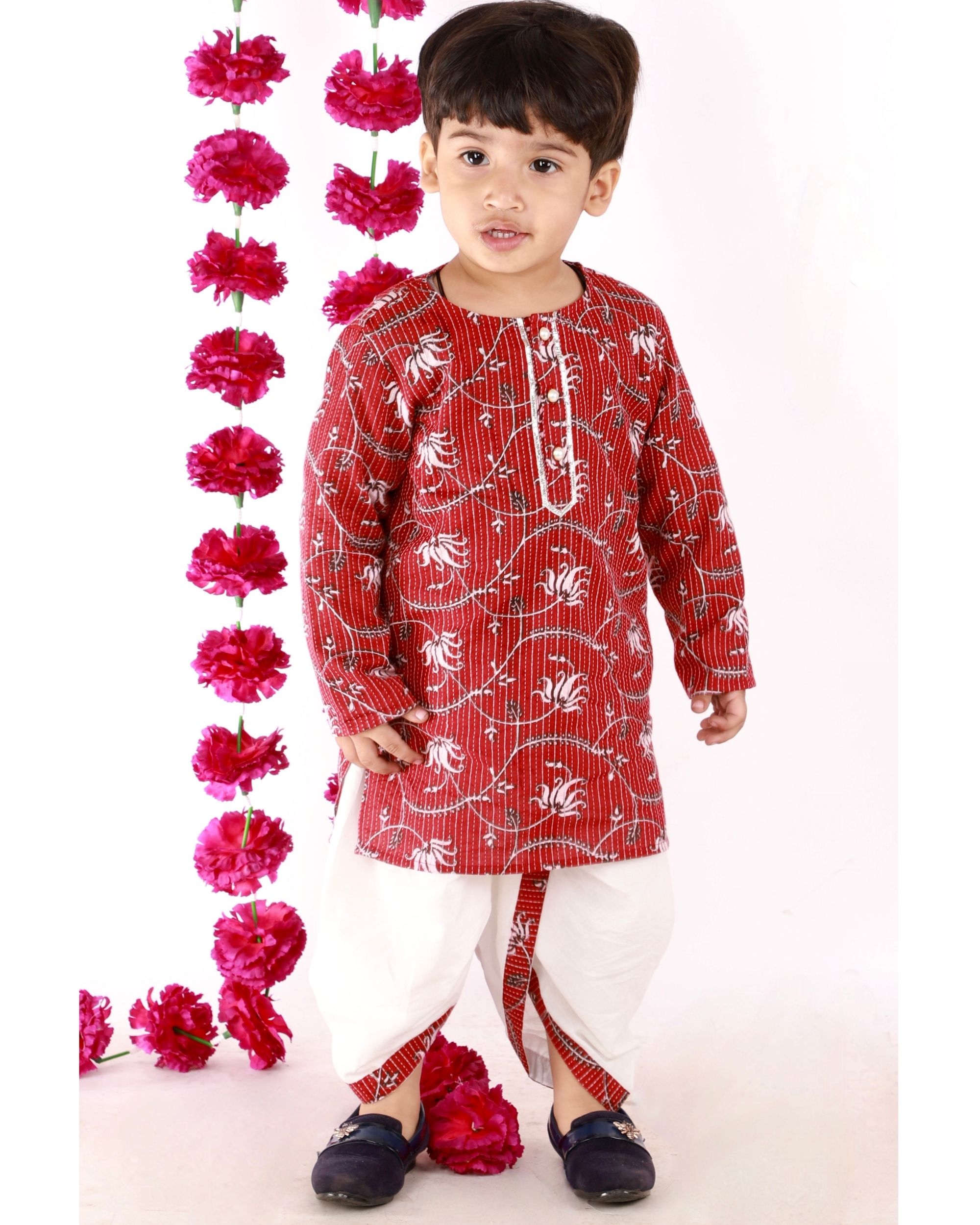 Brown and white floral kantha embroidered kurta with dhoti - set of two