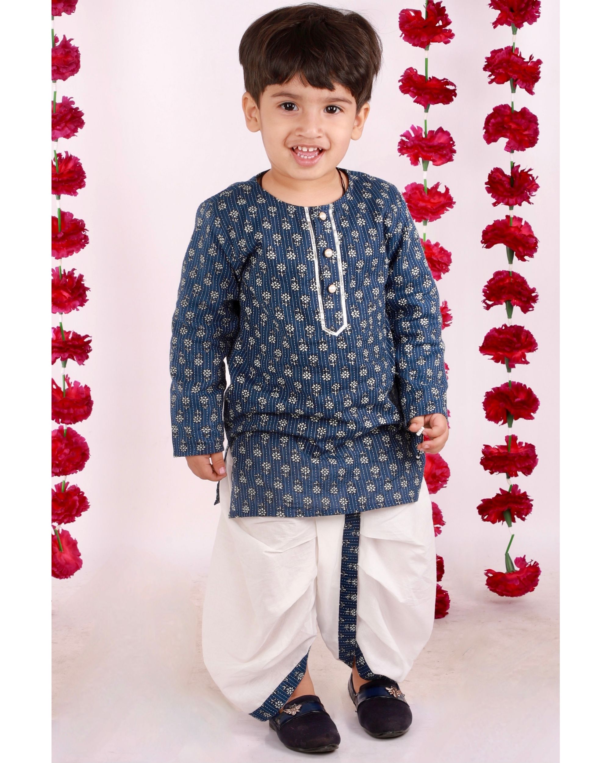 Indigo and white floral kantha embroidered kurta with dhoti - set of two