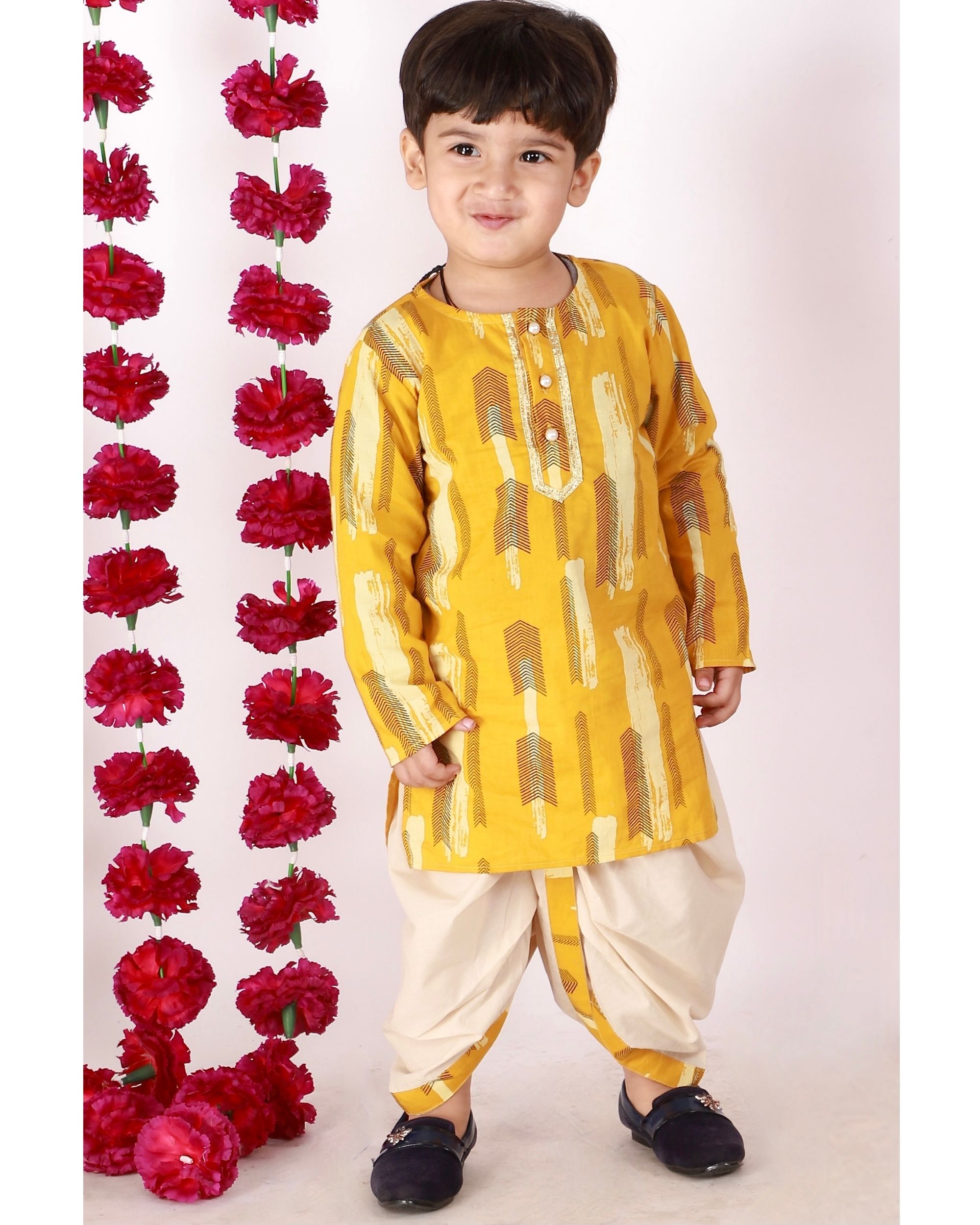 Yellow and cream feather printed kurta with dhoti - set of two