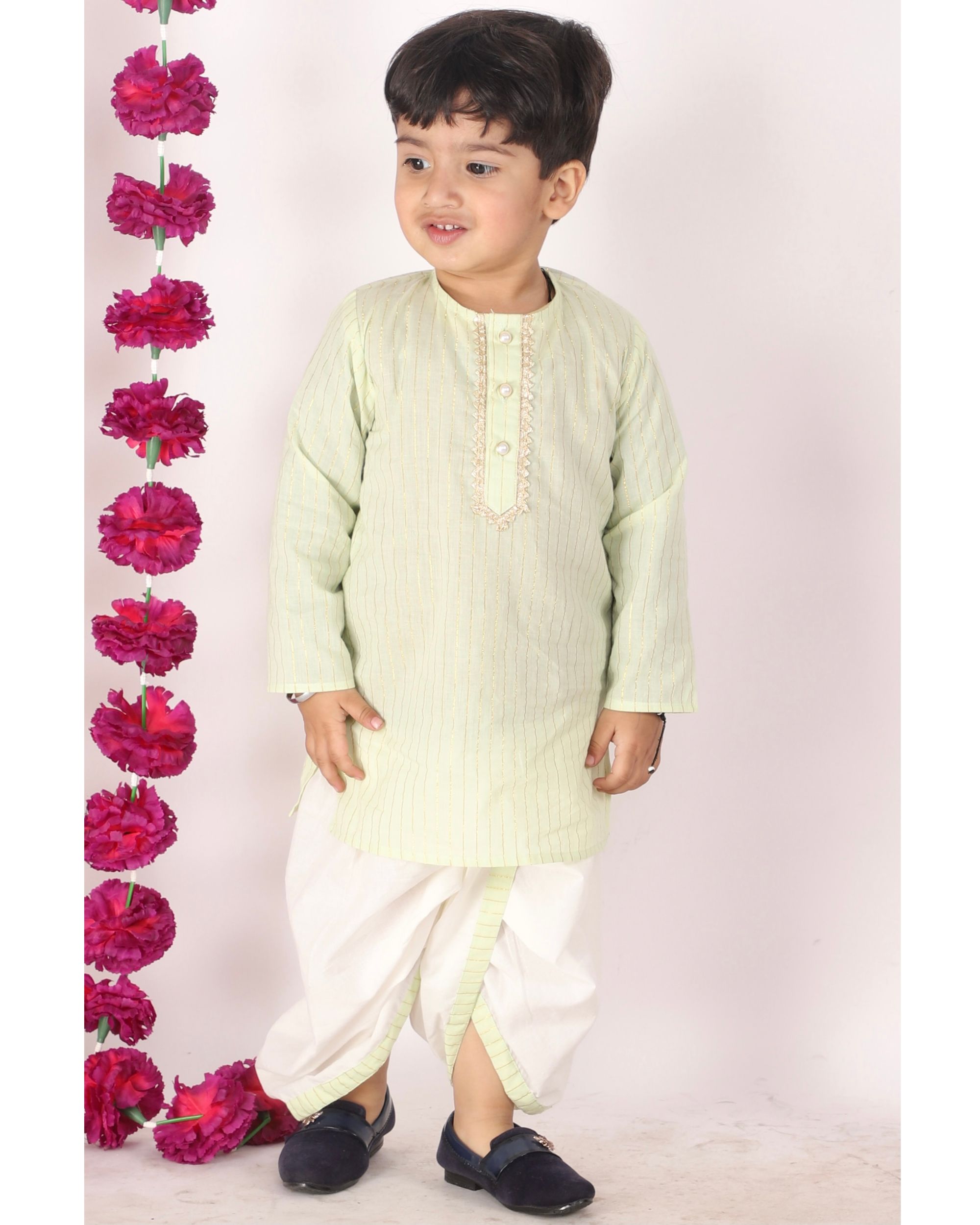 Green and cream golden striped kurta with dhoti - set of two