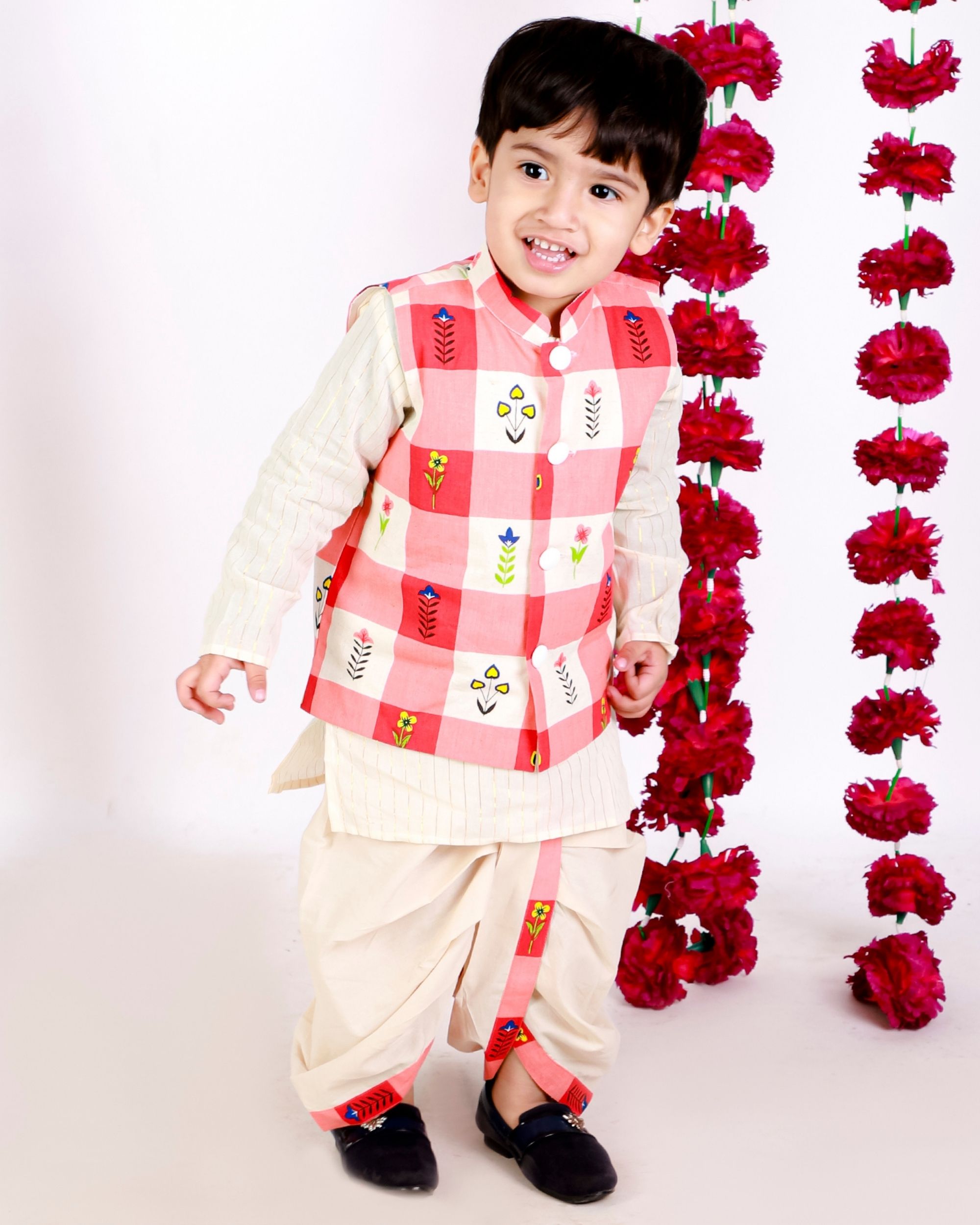 Cream and red floral check jacket with kurta and dhoti - set of three