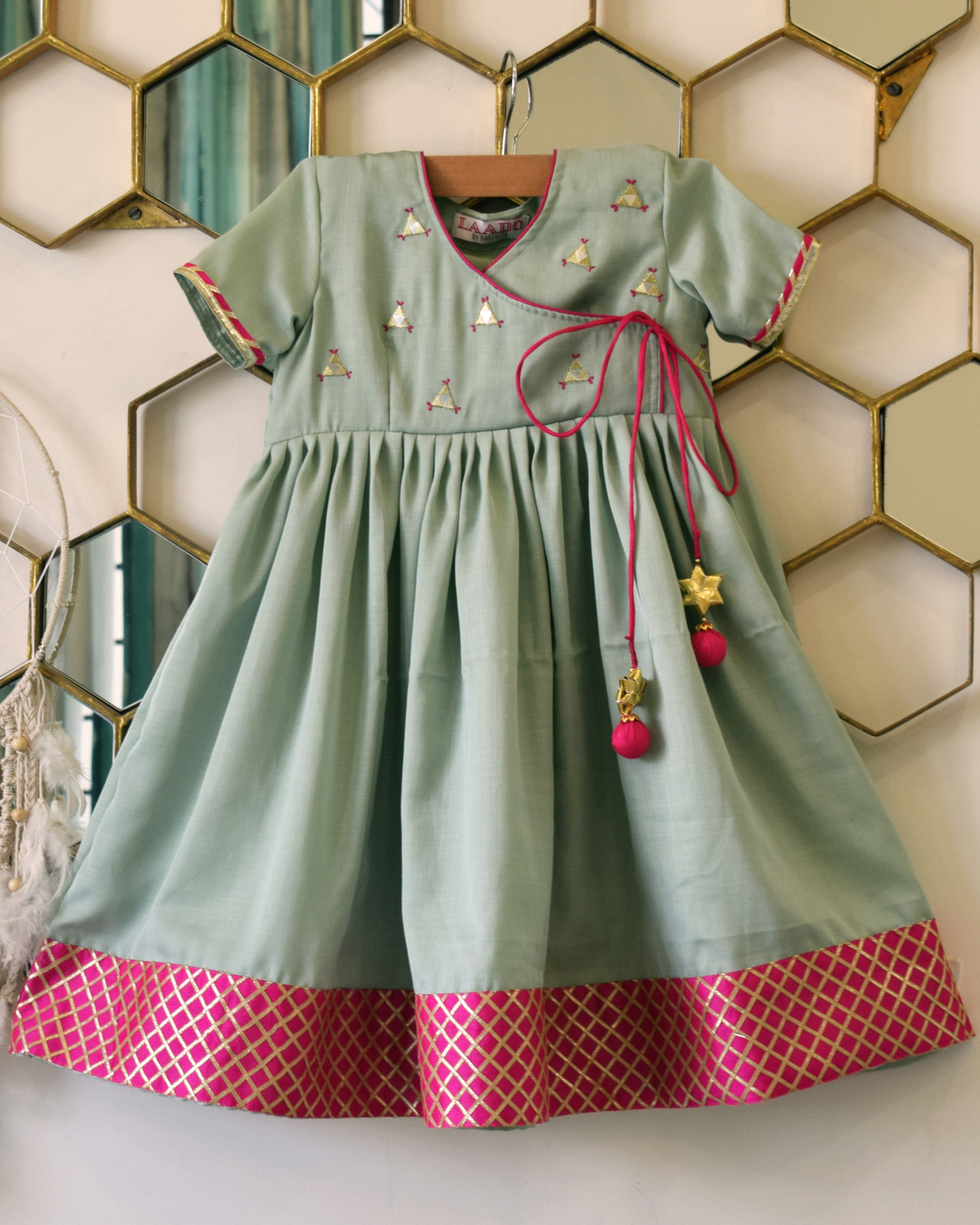 Green Printed Banarasi Angrakha Dress For Girls Design by Laado at Pernias  Pop Up Shop 2023