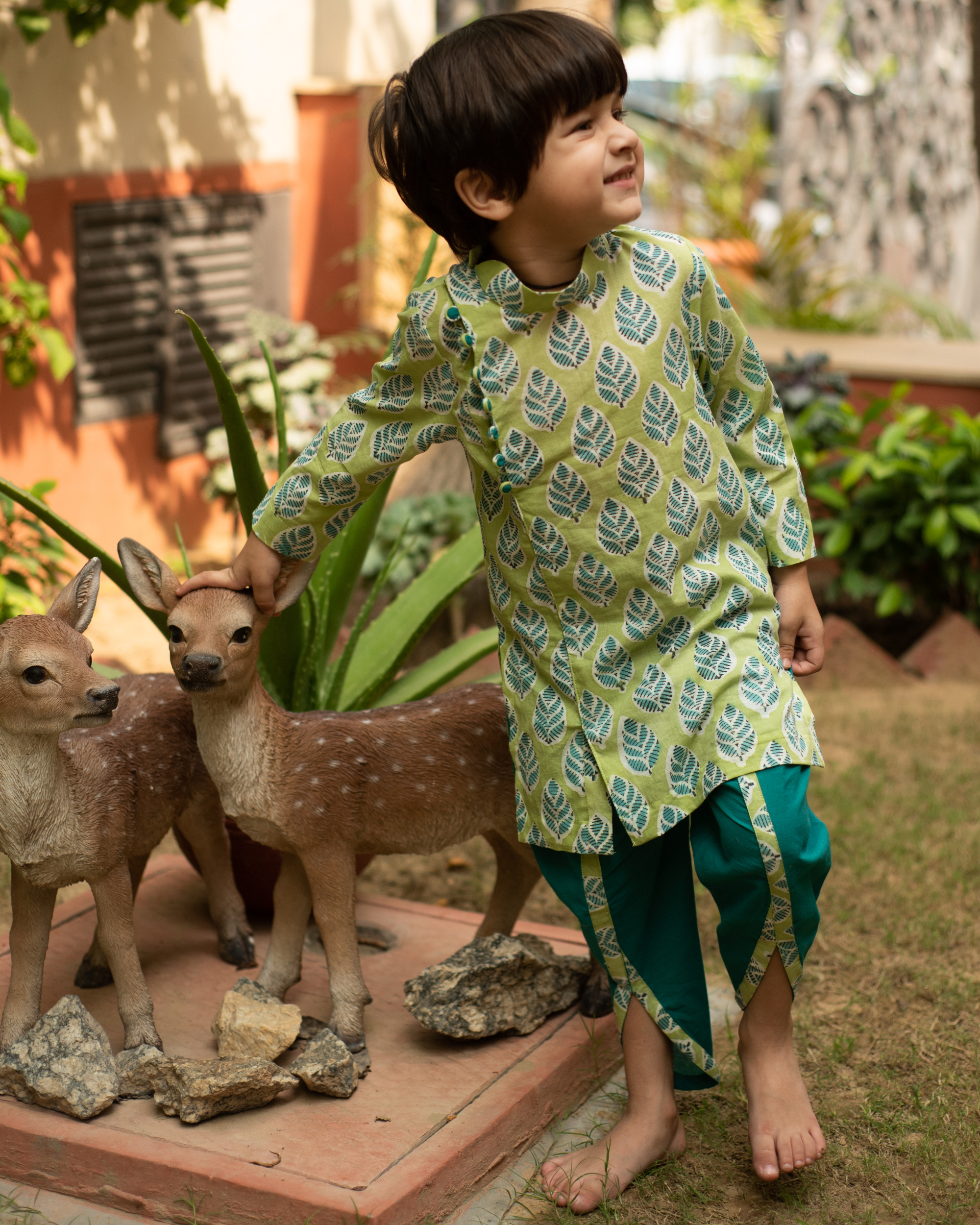 Green printed kurta with contrast dhoti - set of two