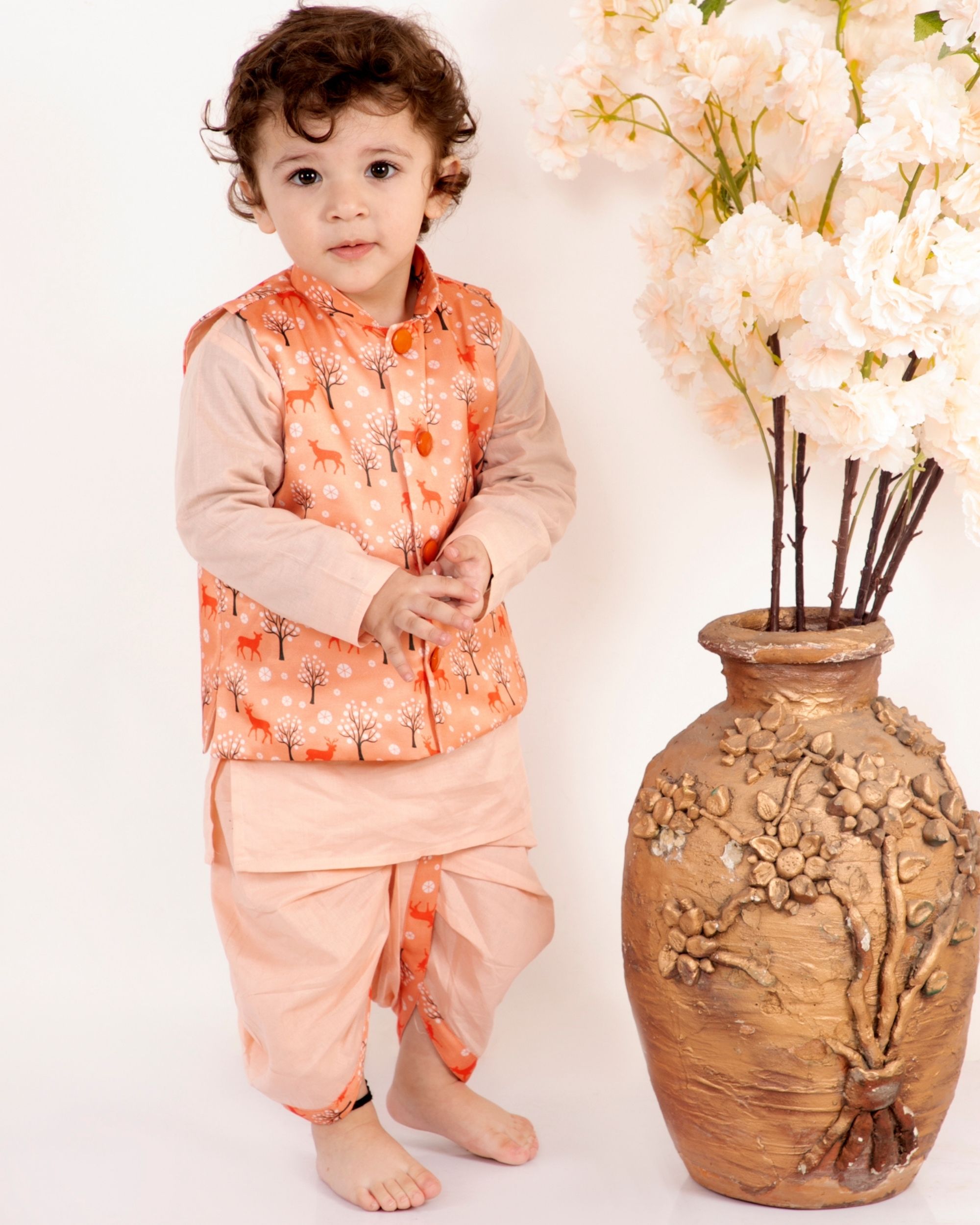 Peach cotton kurta with orange deer printed waistcoat and dhoti set - set of three