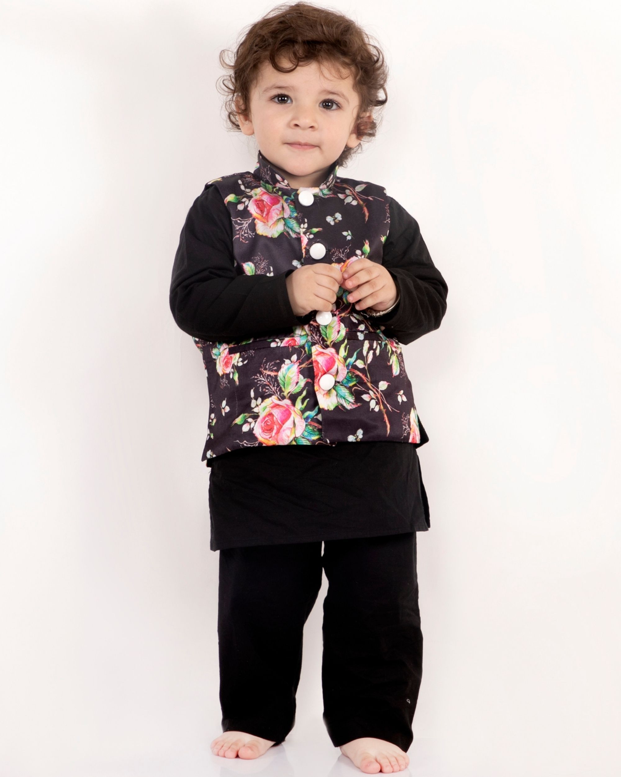 Black cotton kurta with floral print jacket and pyjama - set of three