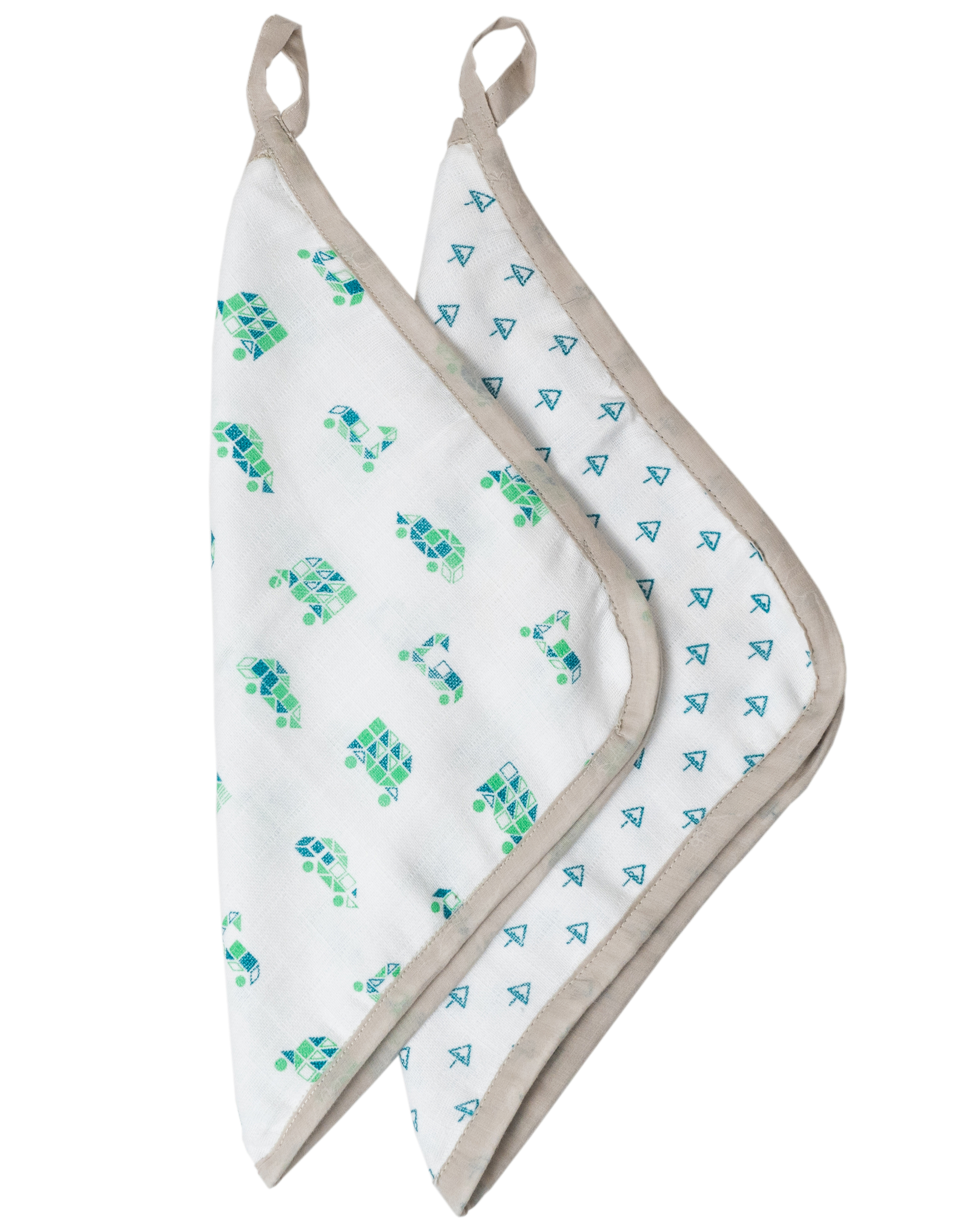 White and green muslin reusable square wipes - set of two