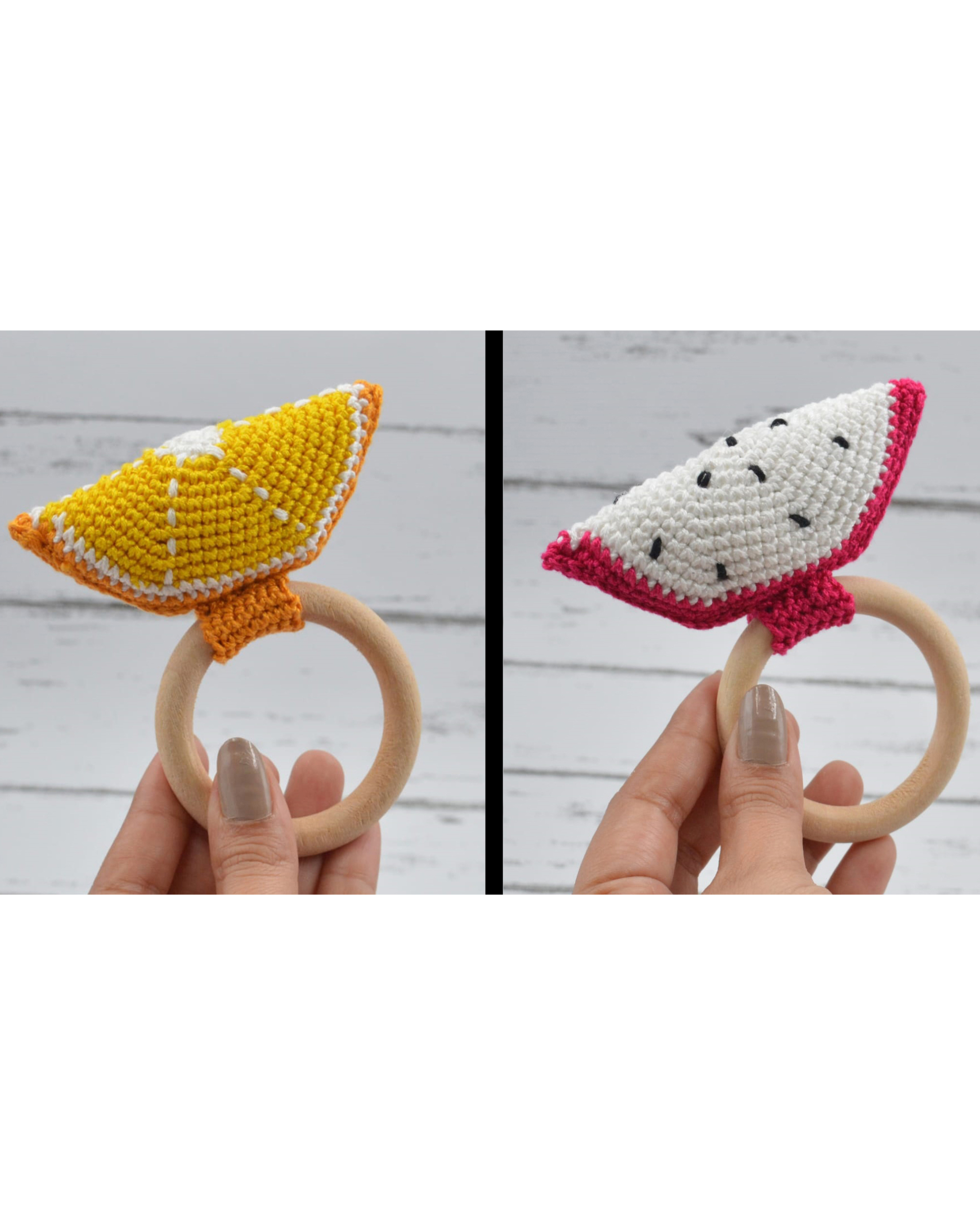 White and yellow hand crochet fruit rattle - set of two