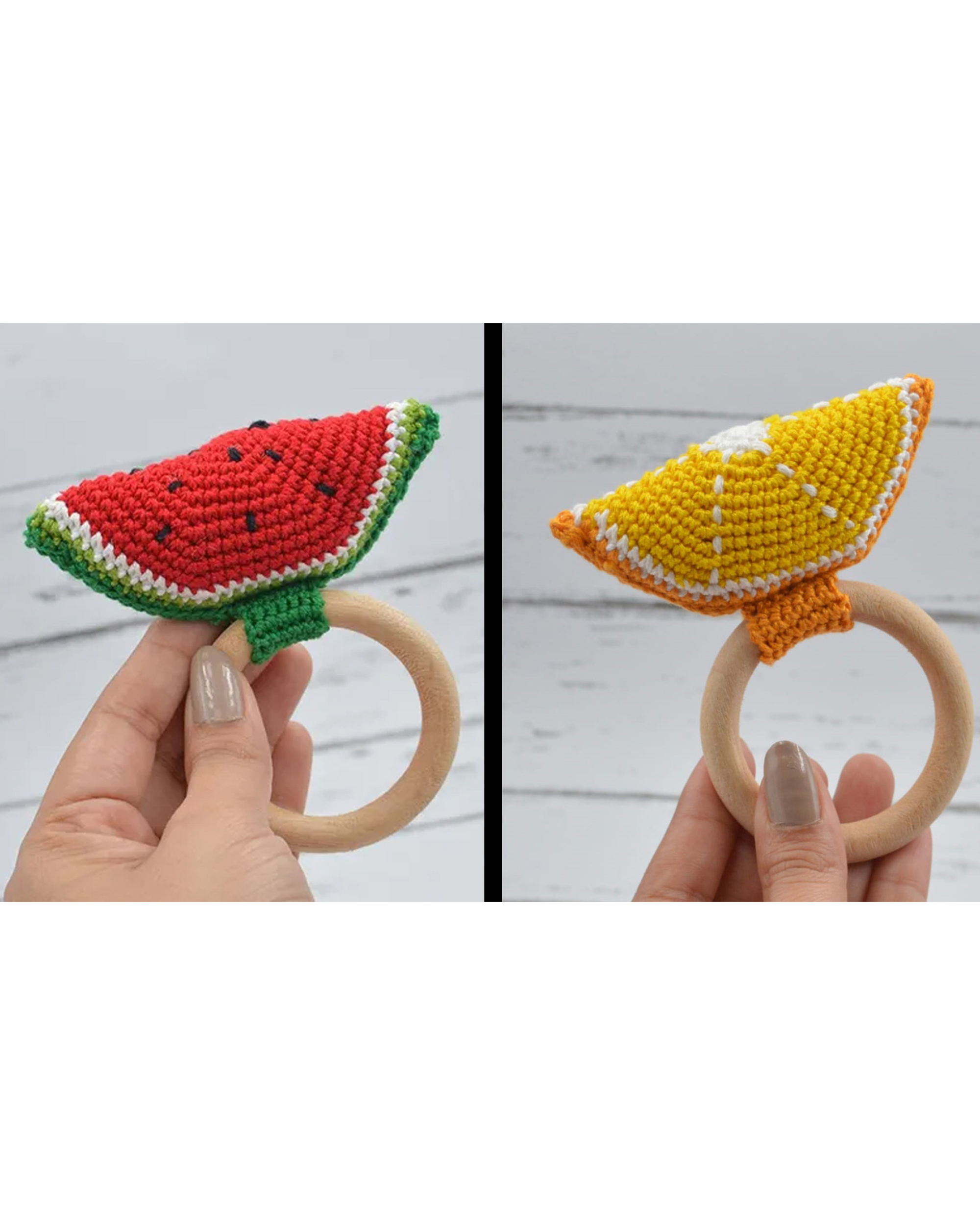 Red and yellow hand crochet fruit rattle - set of two