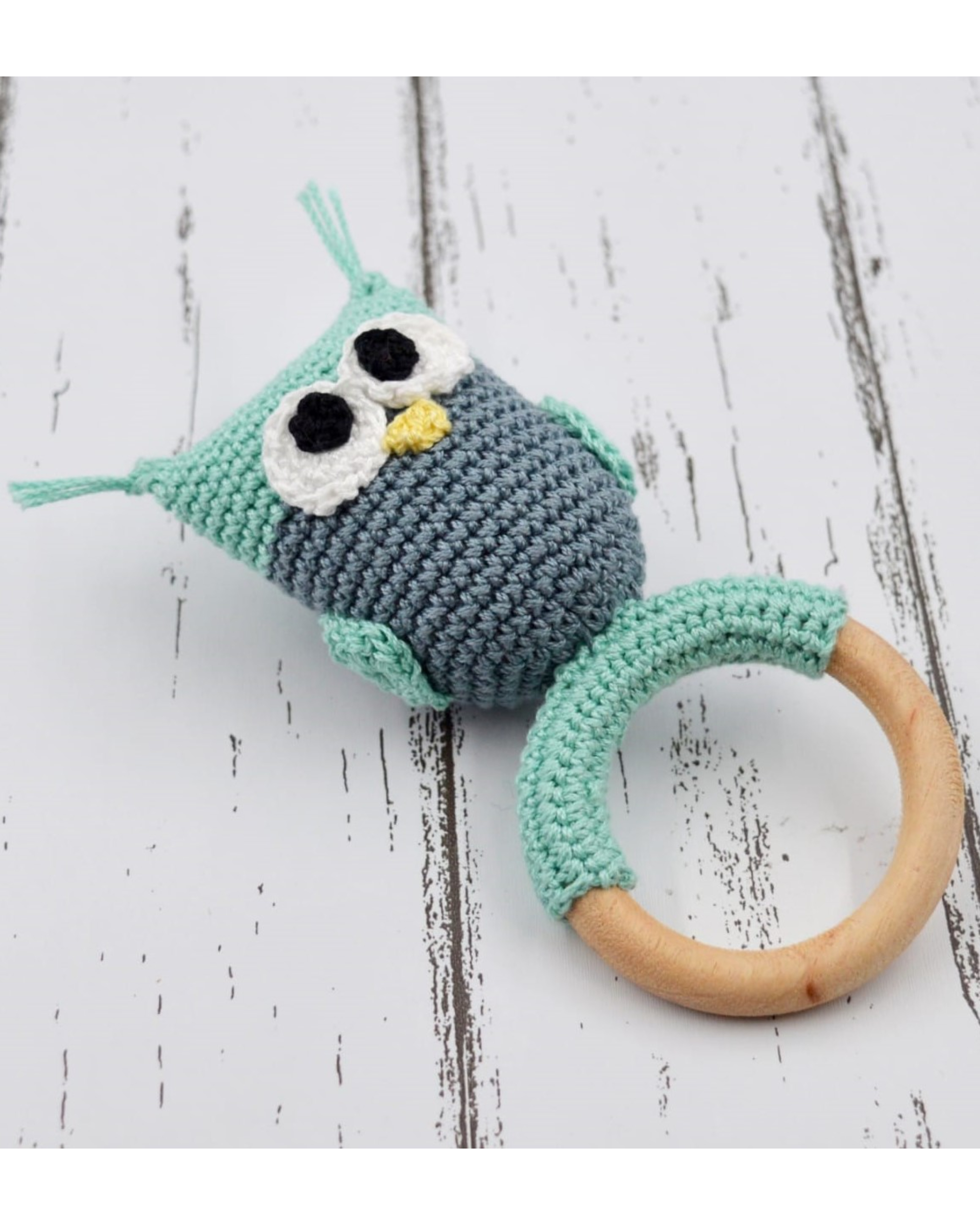 Sea green hand crochet rattle - owl