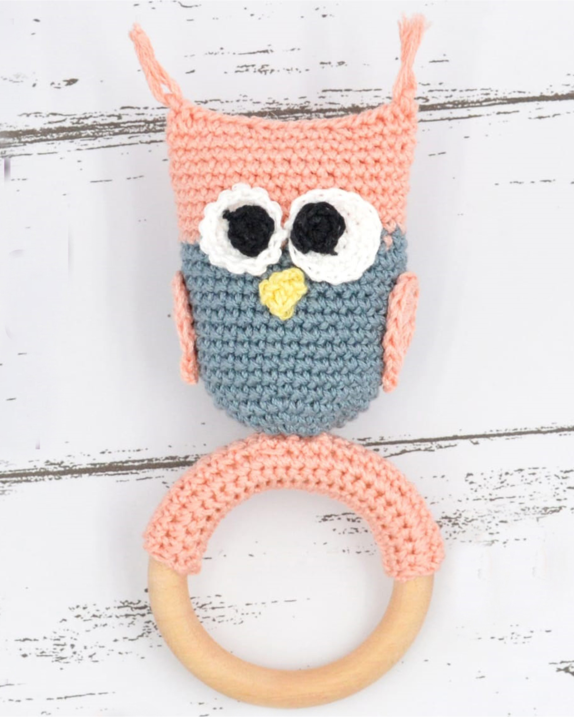 Peach hand crocheted baby sound rattle - owl