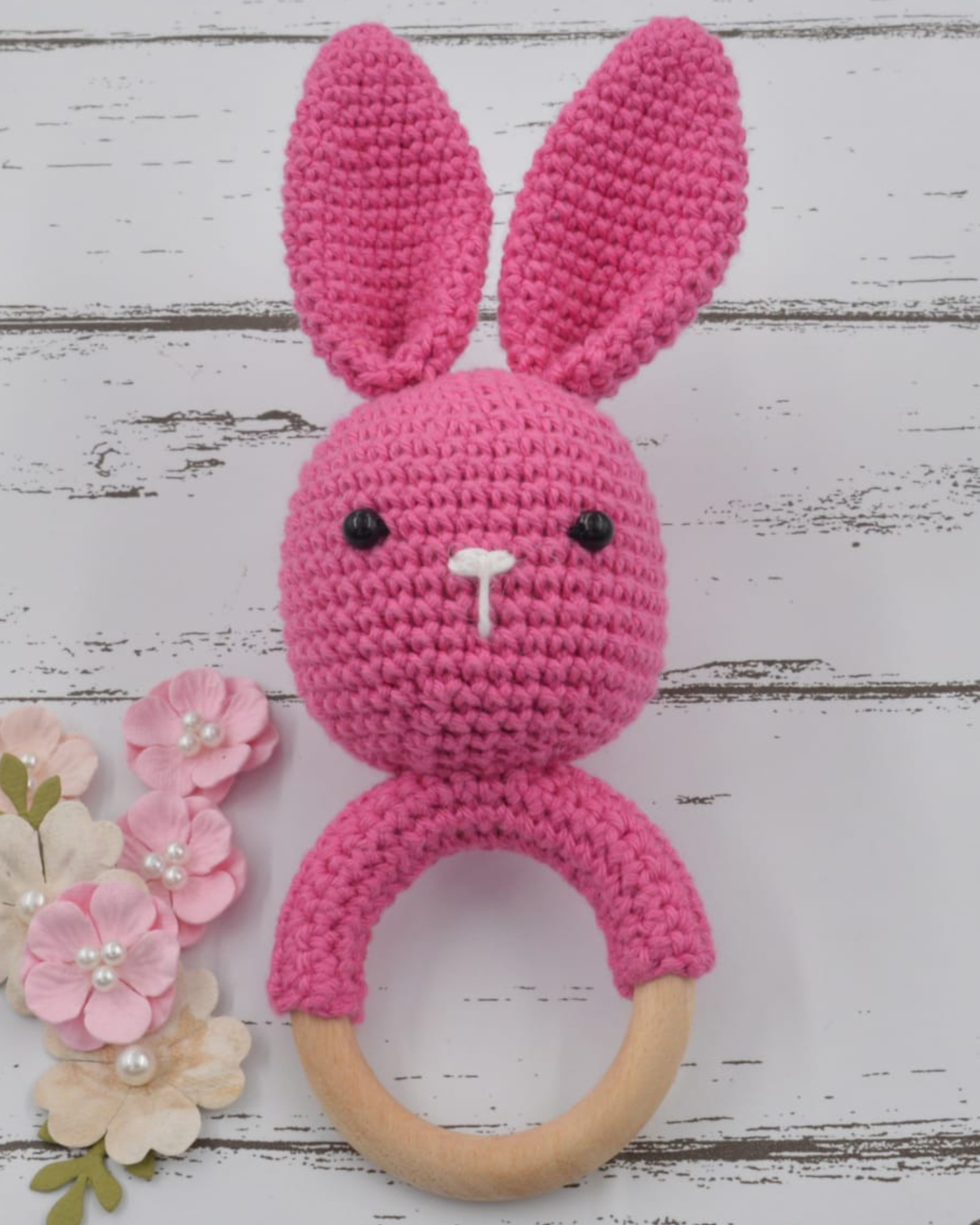 Pink hand crocheted baby sound rattle - bunny