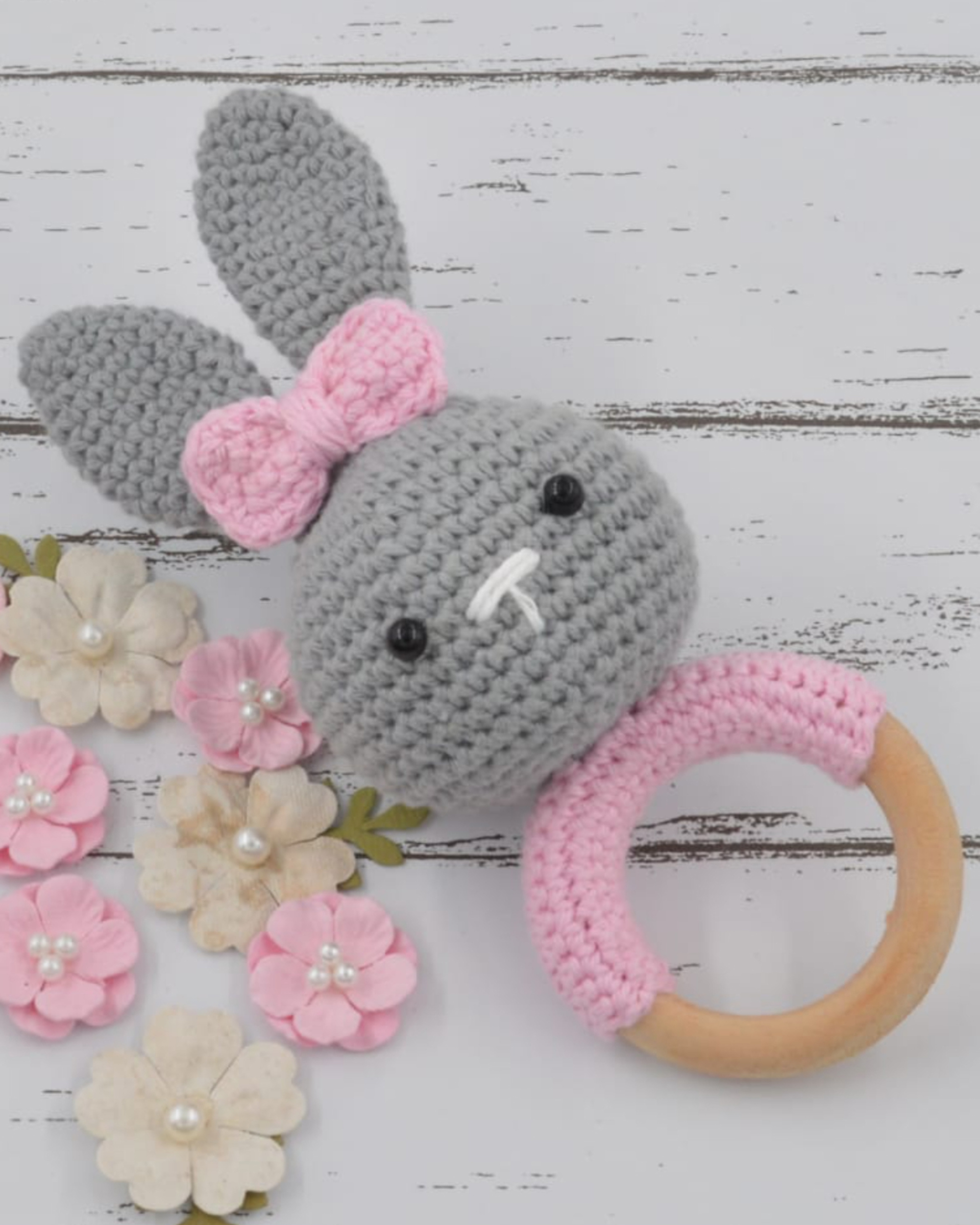 Grey hand crocheted baby sound rattle - bunny