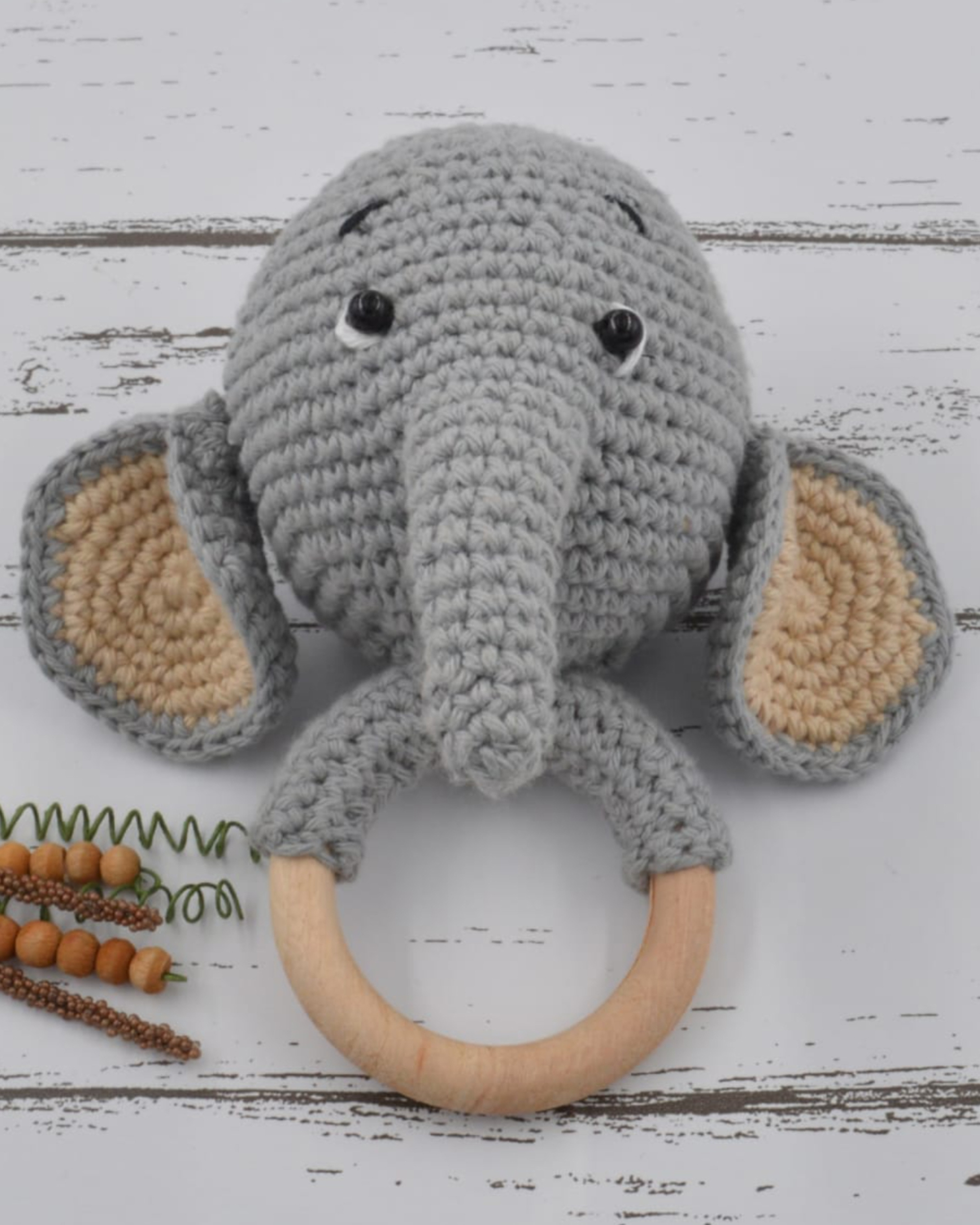 Grey hand crocheted baby sound rattle - elephant
