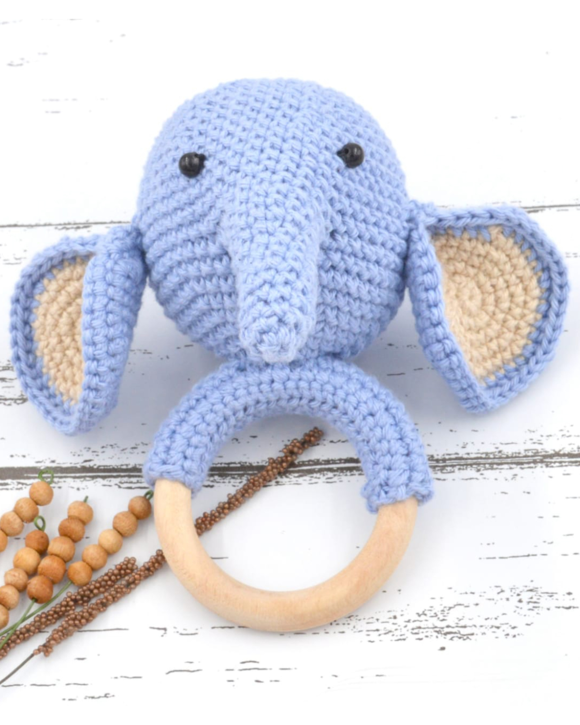 Blue hand crocheted baby sound rattle - elephant