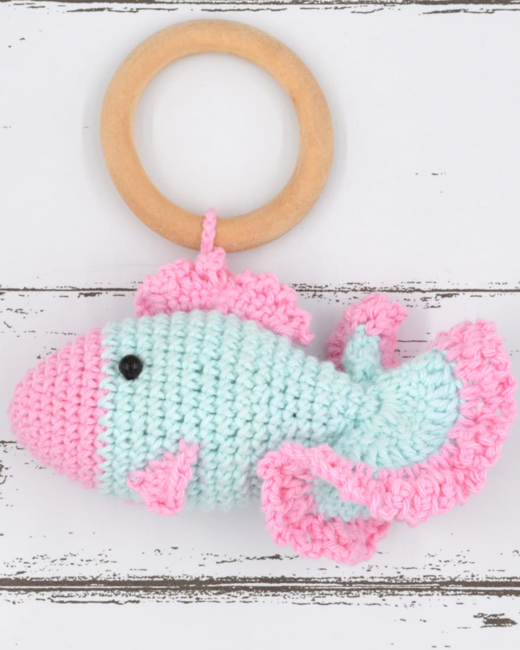 Hand crocheted baby sound rattle - fish