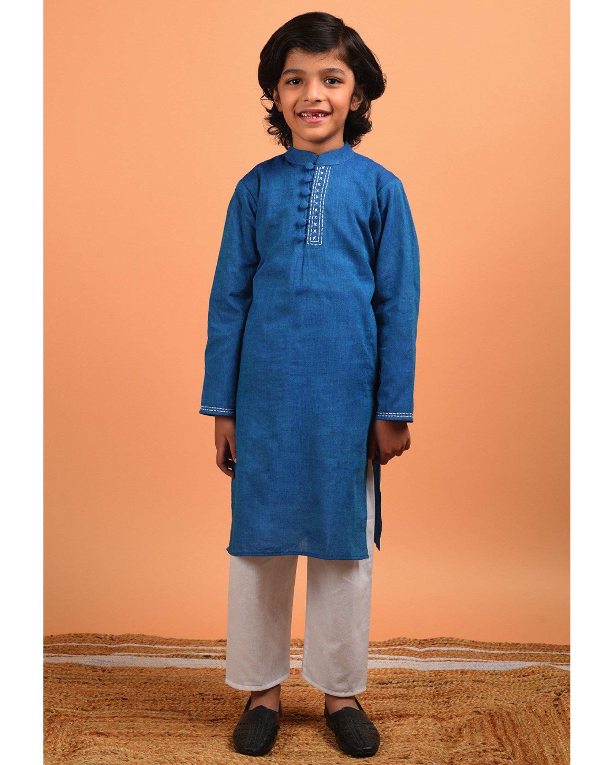 Sea blue embroidered kurta with pyjama - set of two
