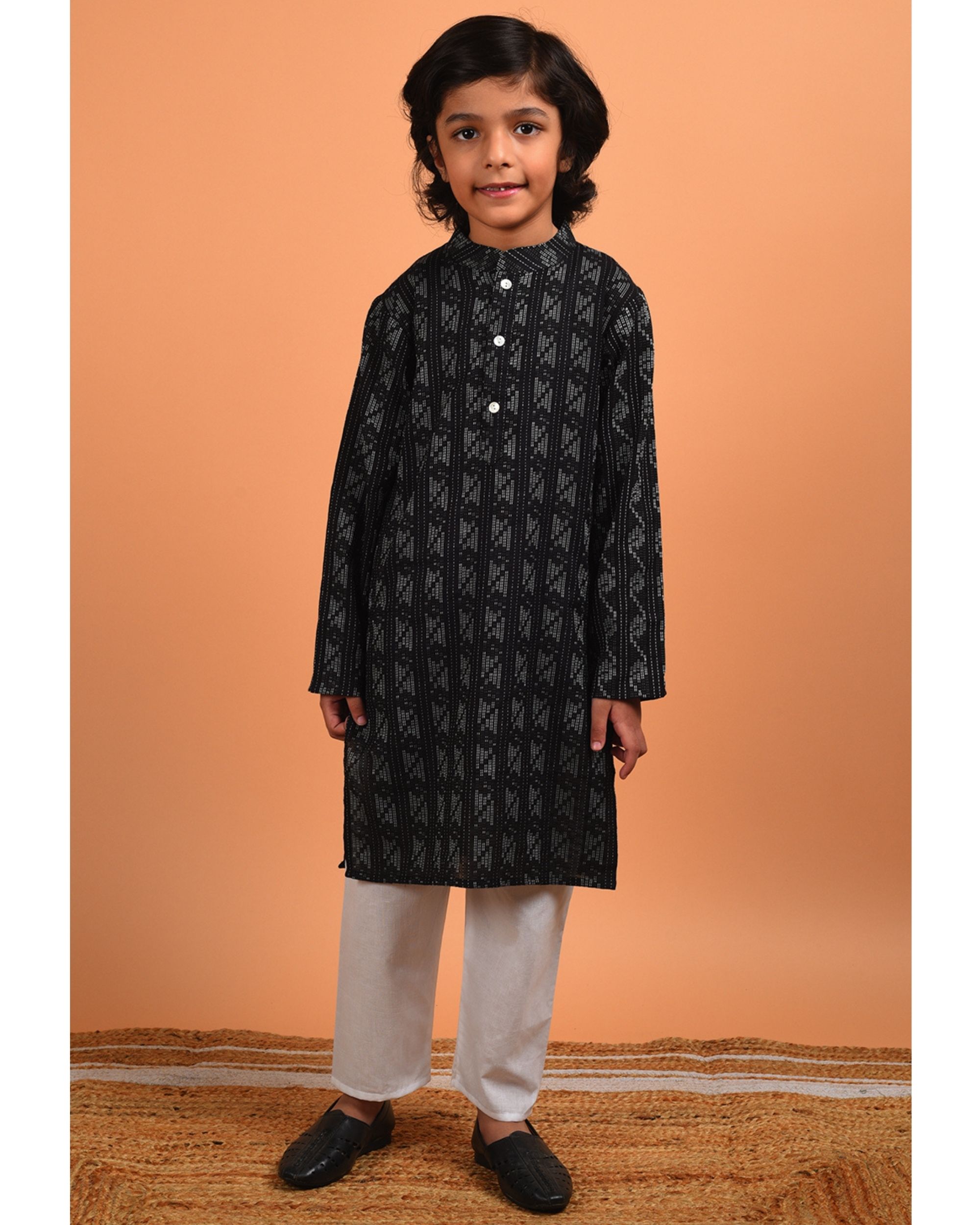 Black and white kantha embroidered kurta with pyjama - set of two