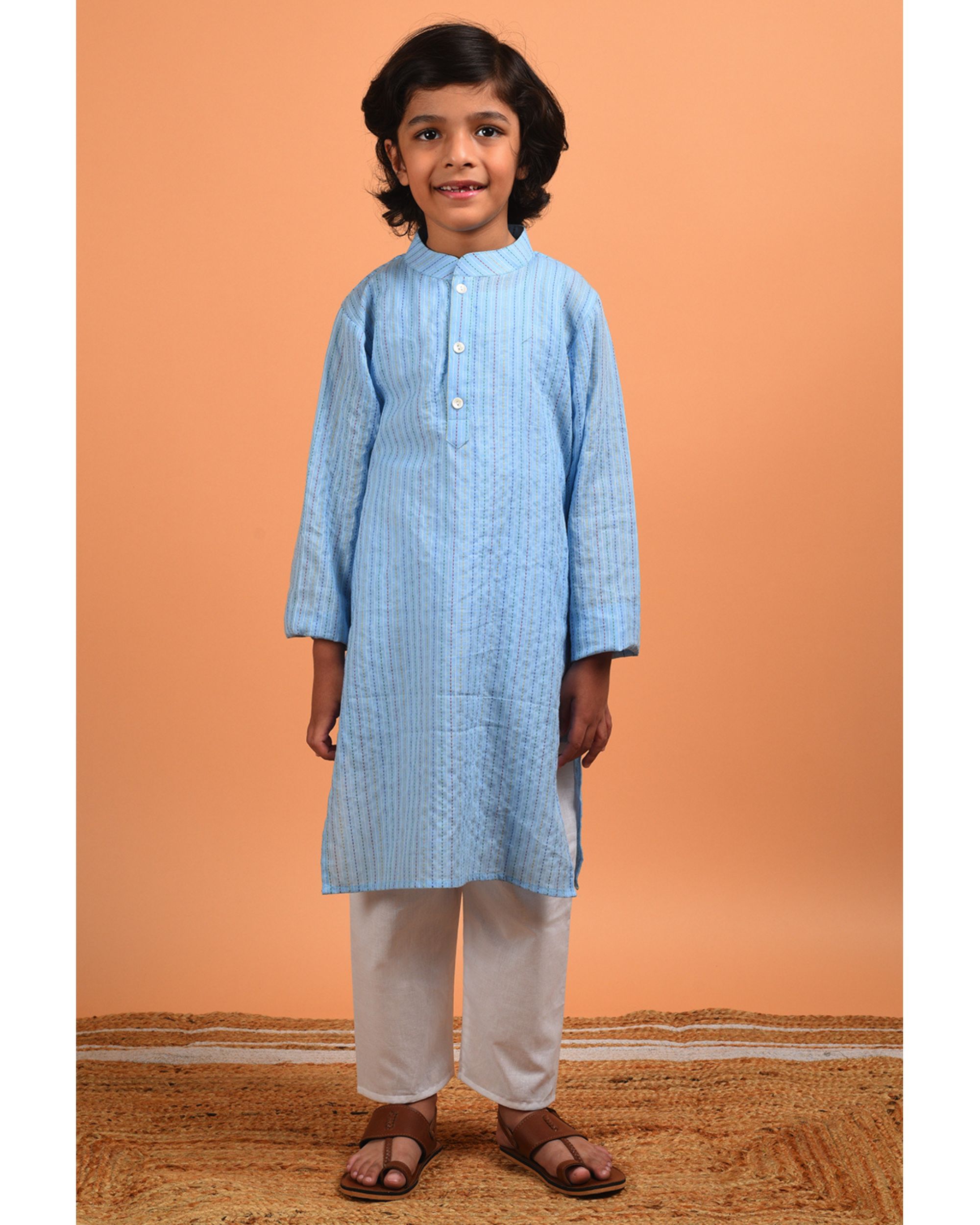 Sky blue kantha embroidered kurta with pyjama - set of two