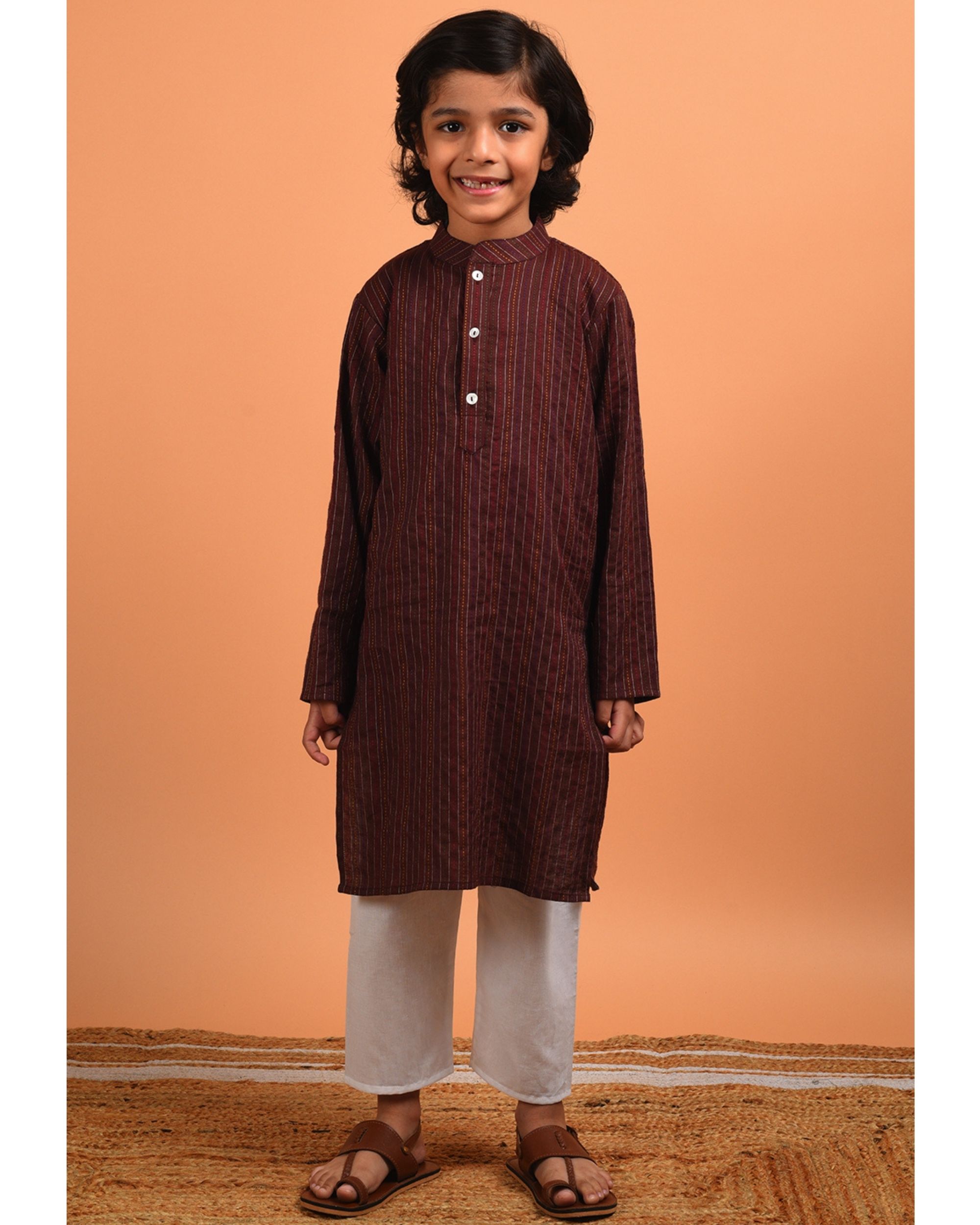 Chocolate brown kantha embroidered kurta with pyjama - set of two