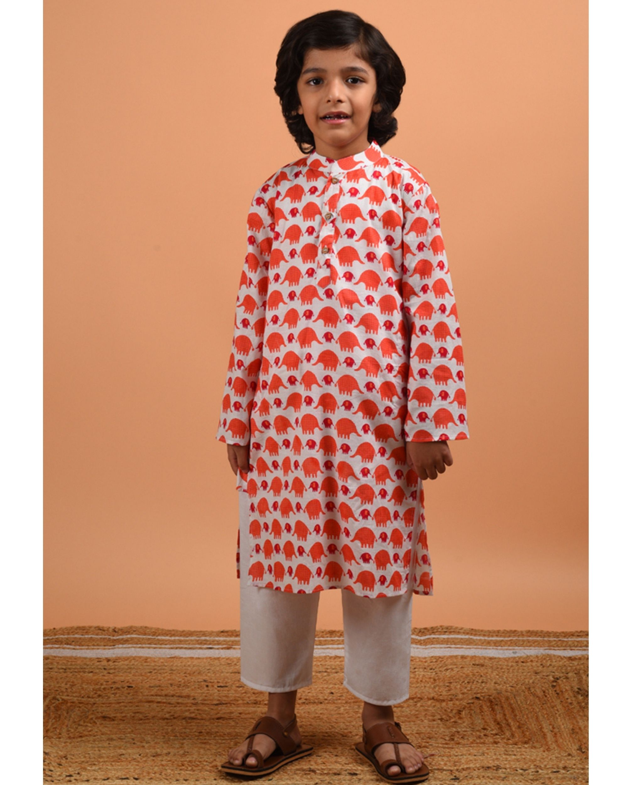 White and orange elephant printed kurta with pyjama - set of two