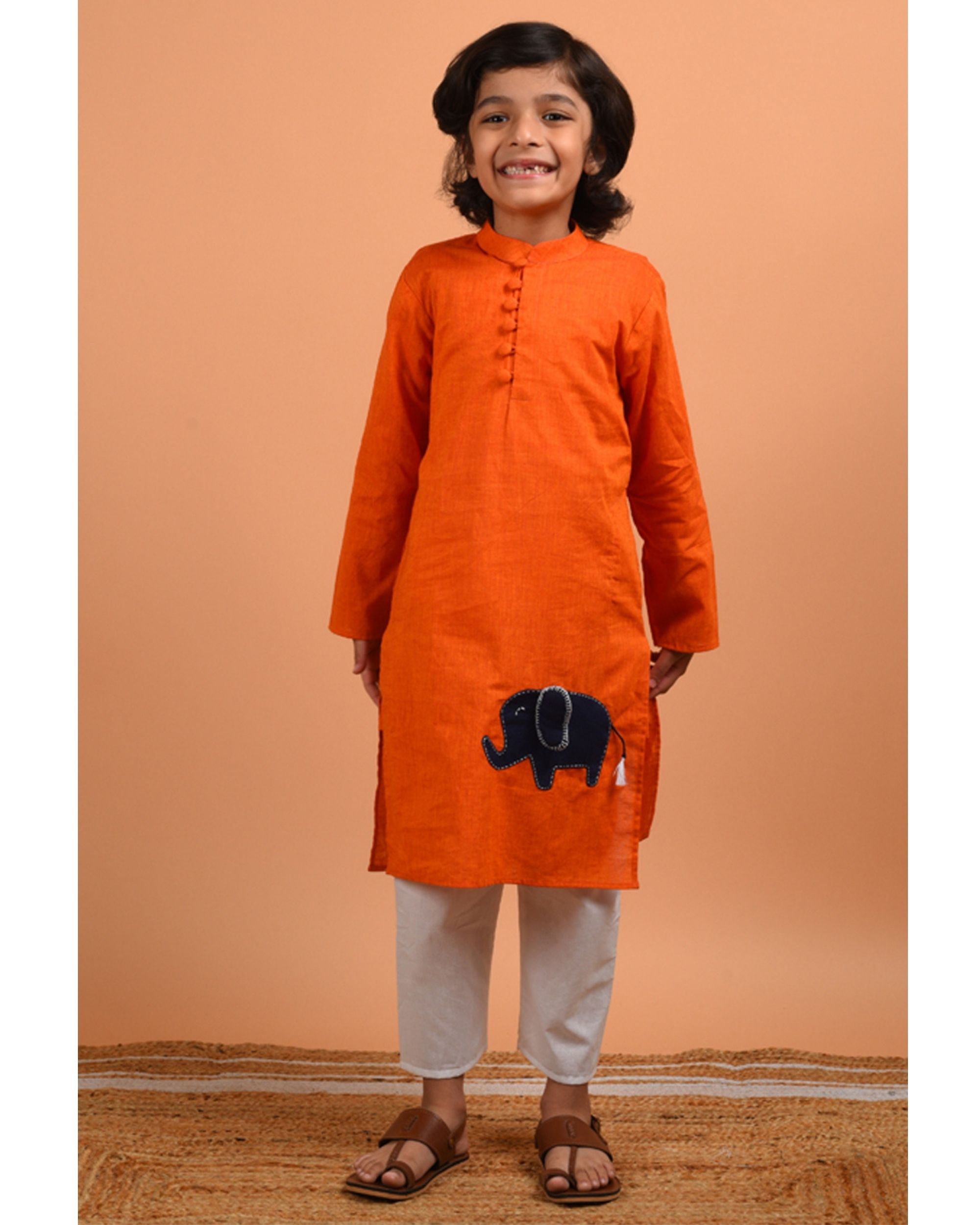 Haathi patchwork orange cotton kurta with pyjama - set of two
