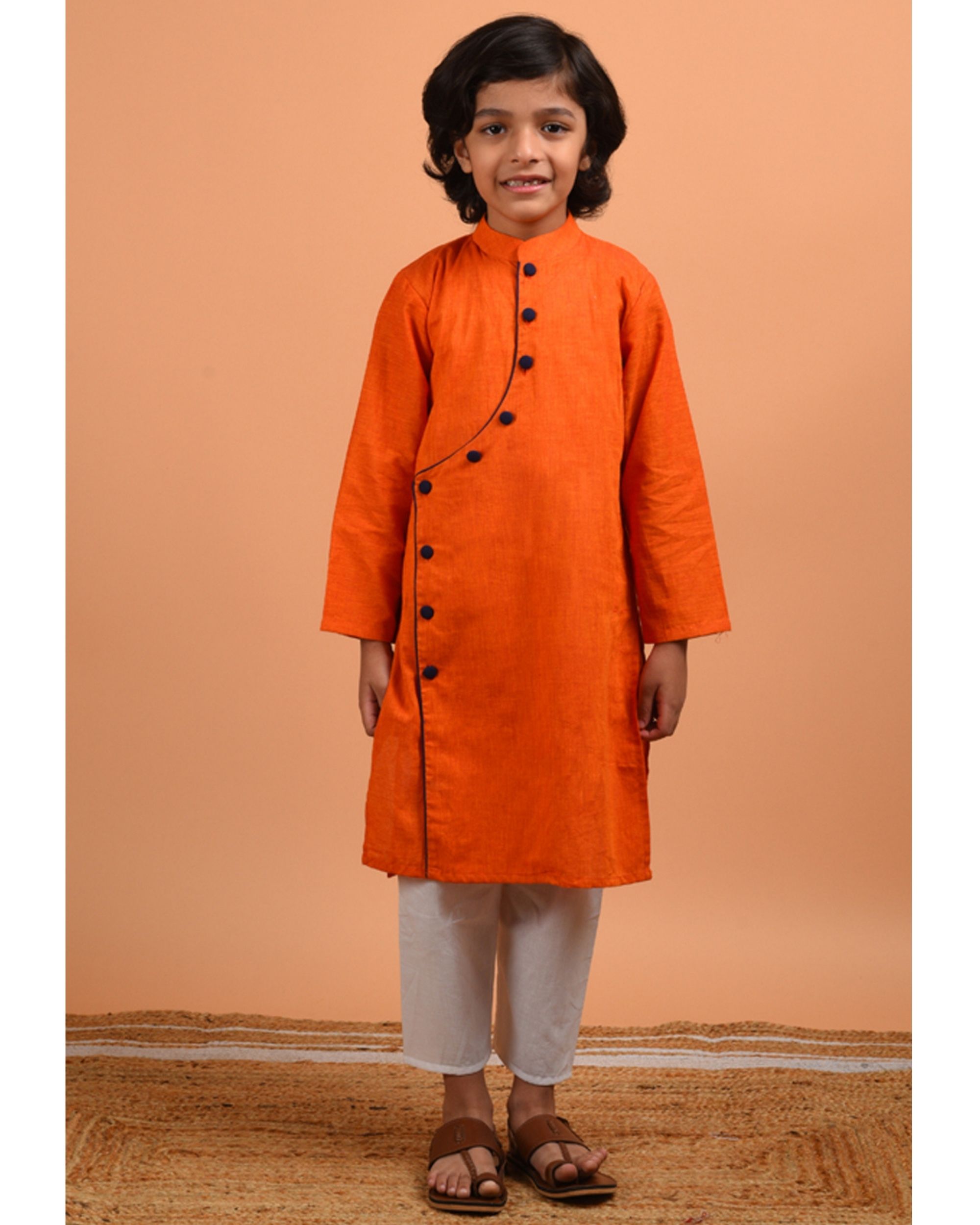 Orange angrakha cotton kurta with pyjama - set of two