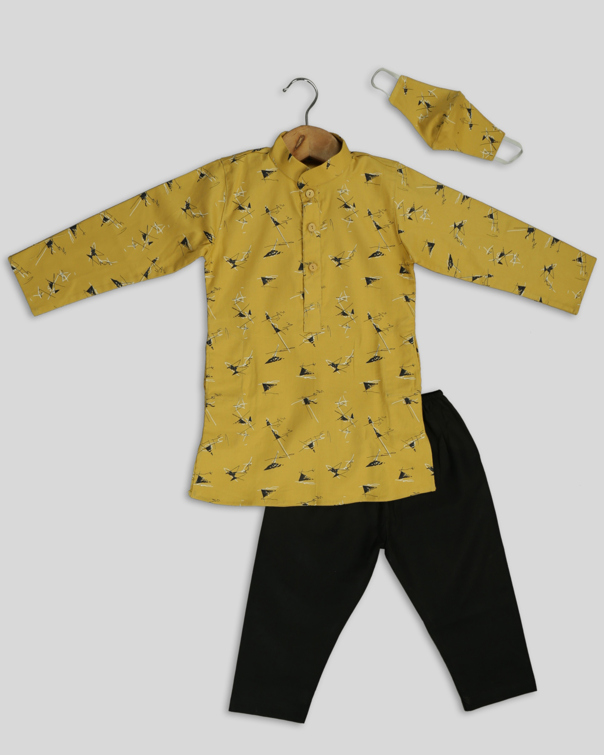 Mustard yellow printed kurta pyjama set - set of two