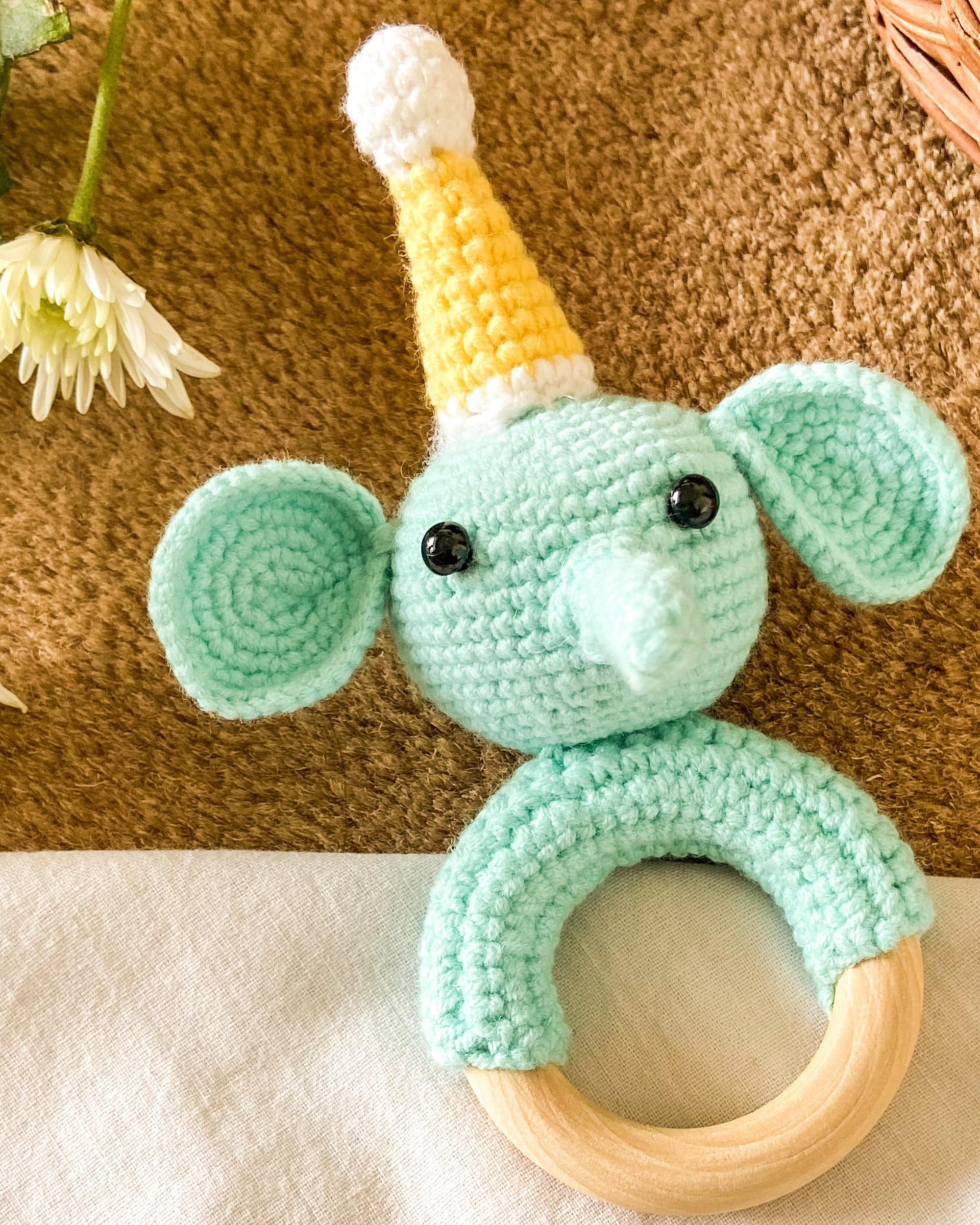 Hand crocheted baby sound rattle - elephant