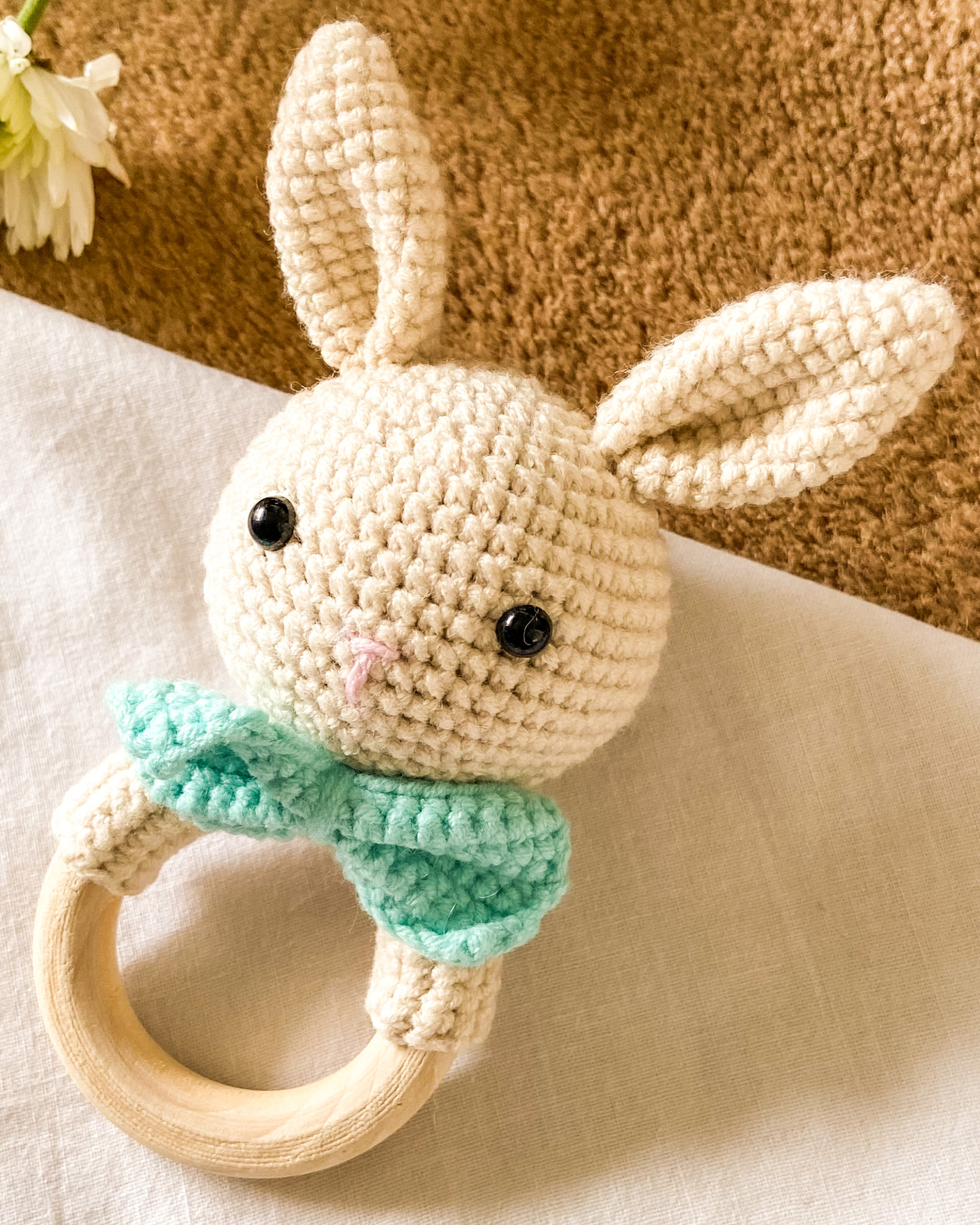 Hand crocheted baby sound rattle - rabbit