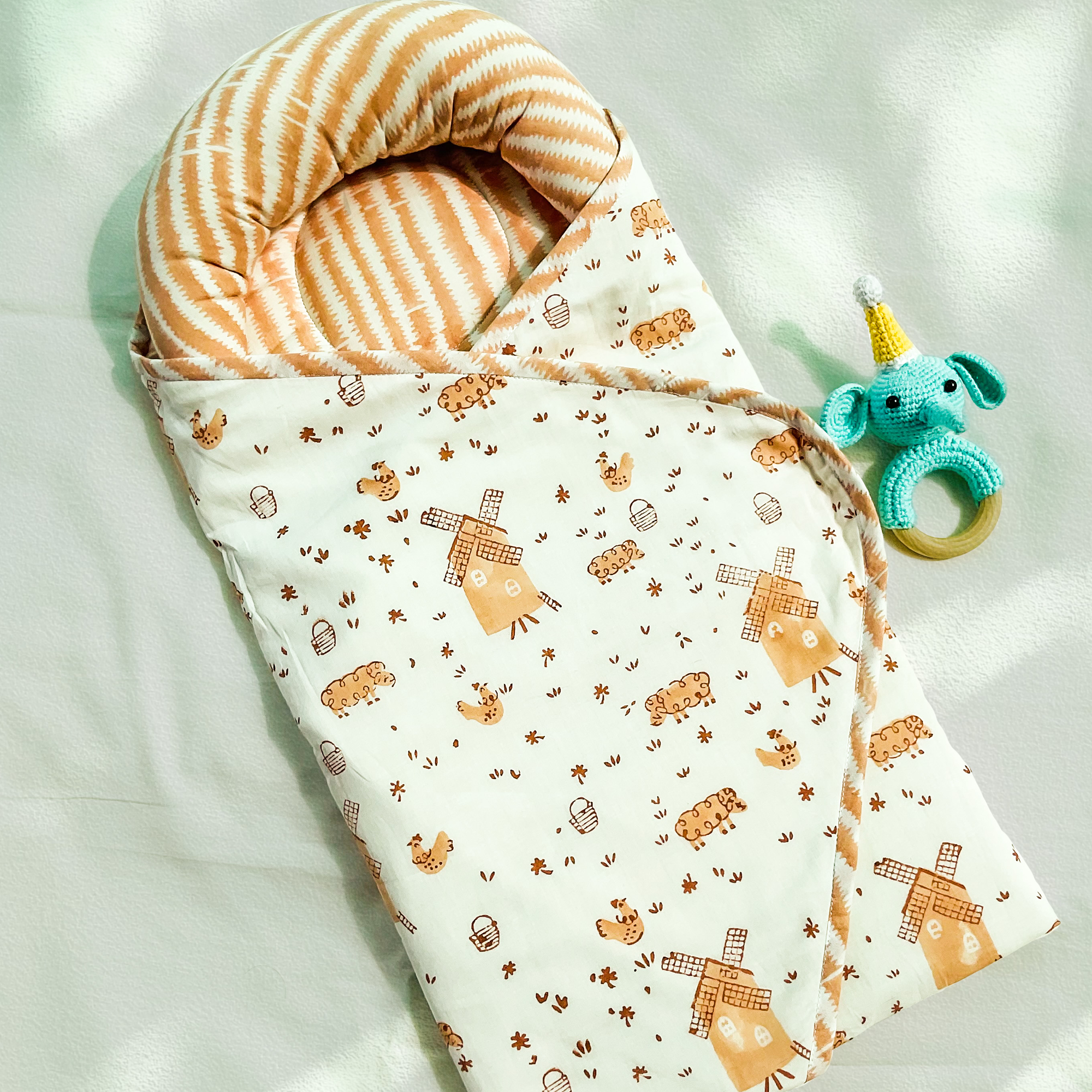 Brown farmland baby wrap and rattle gift combo - set of two