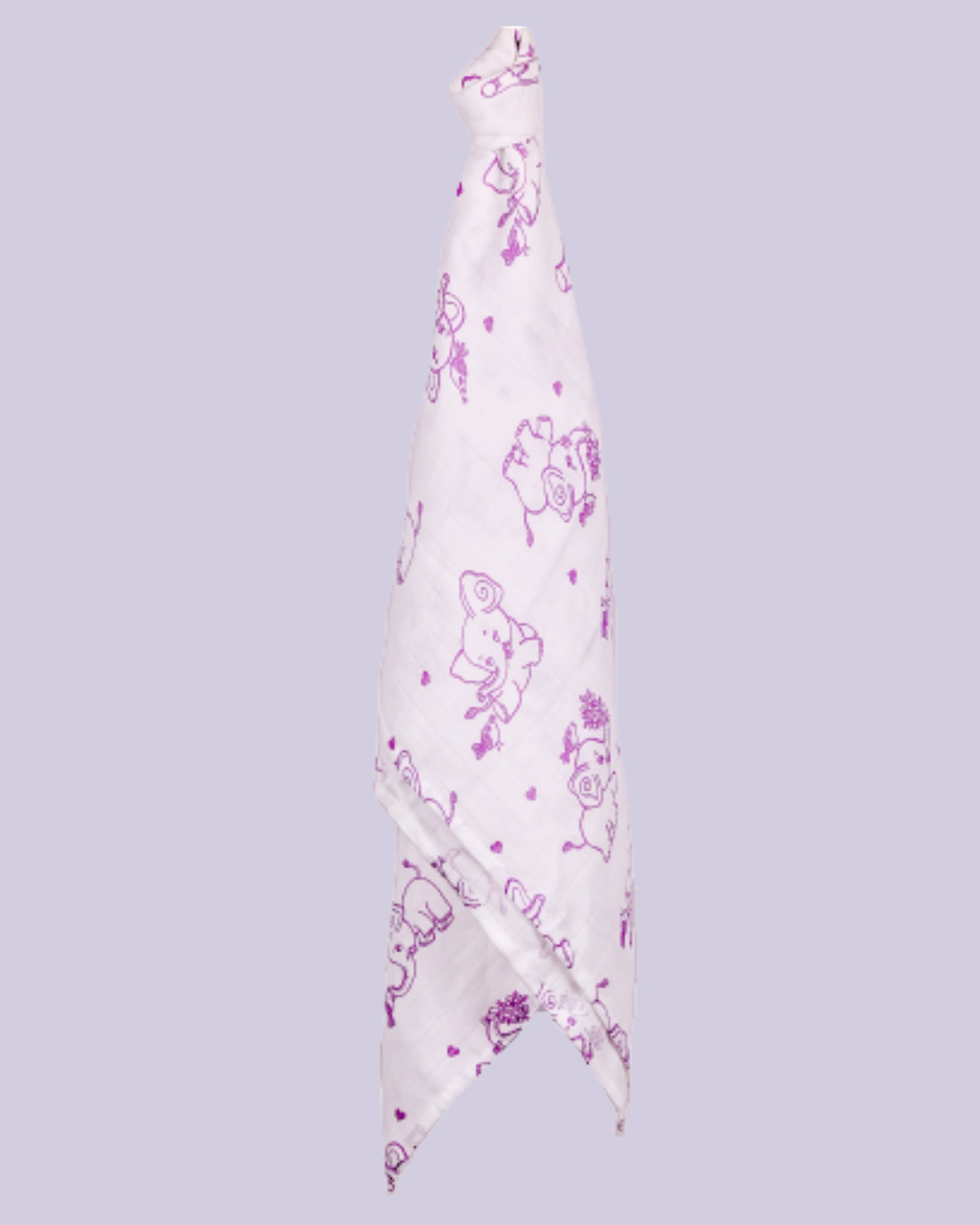 White and purple elephant printed muslin baby wrap swaddle - large