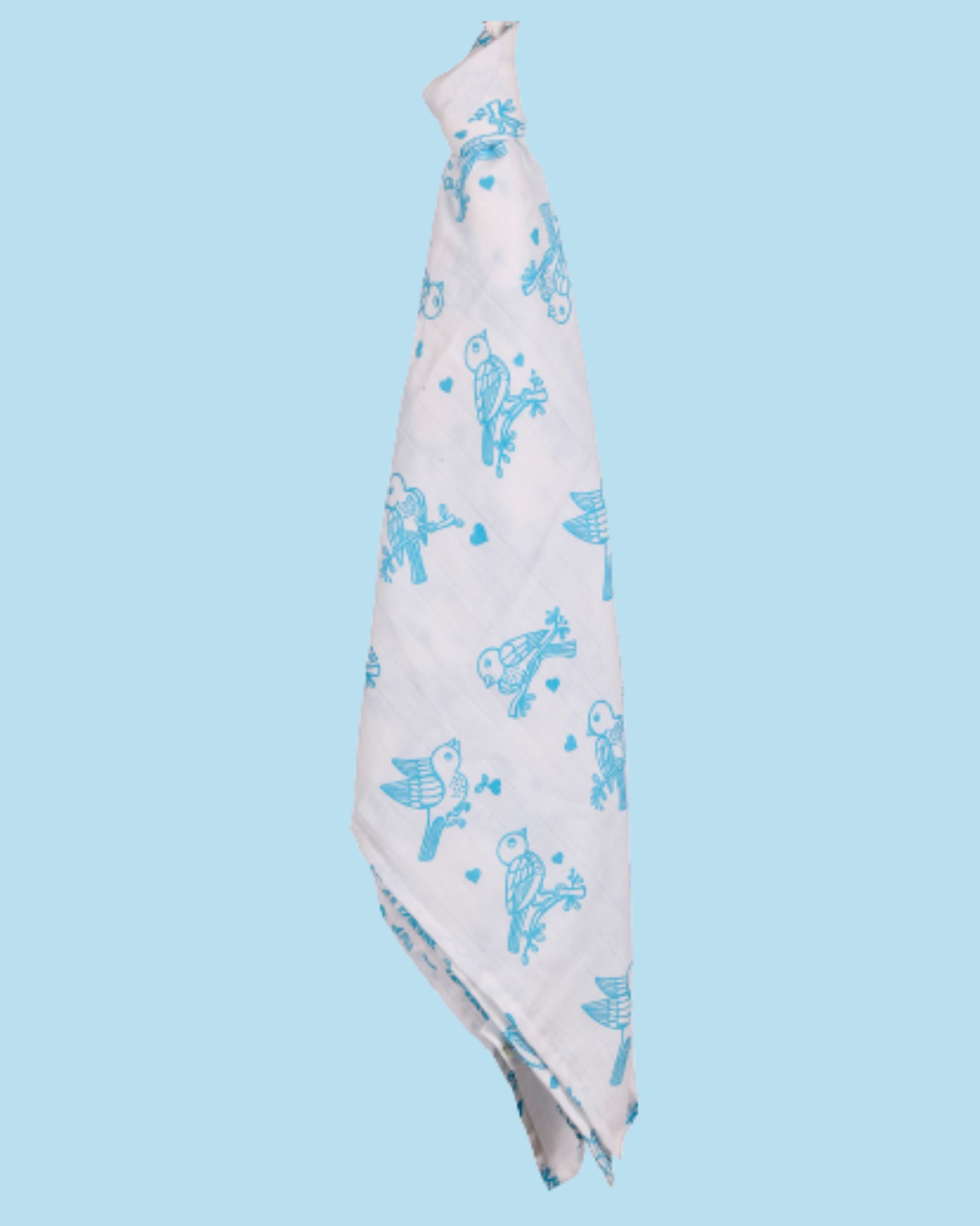 White and blue sparrow printed muslin baby wrap swaddle - large