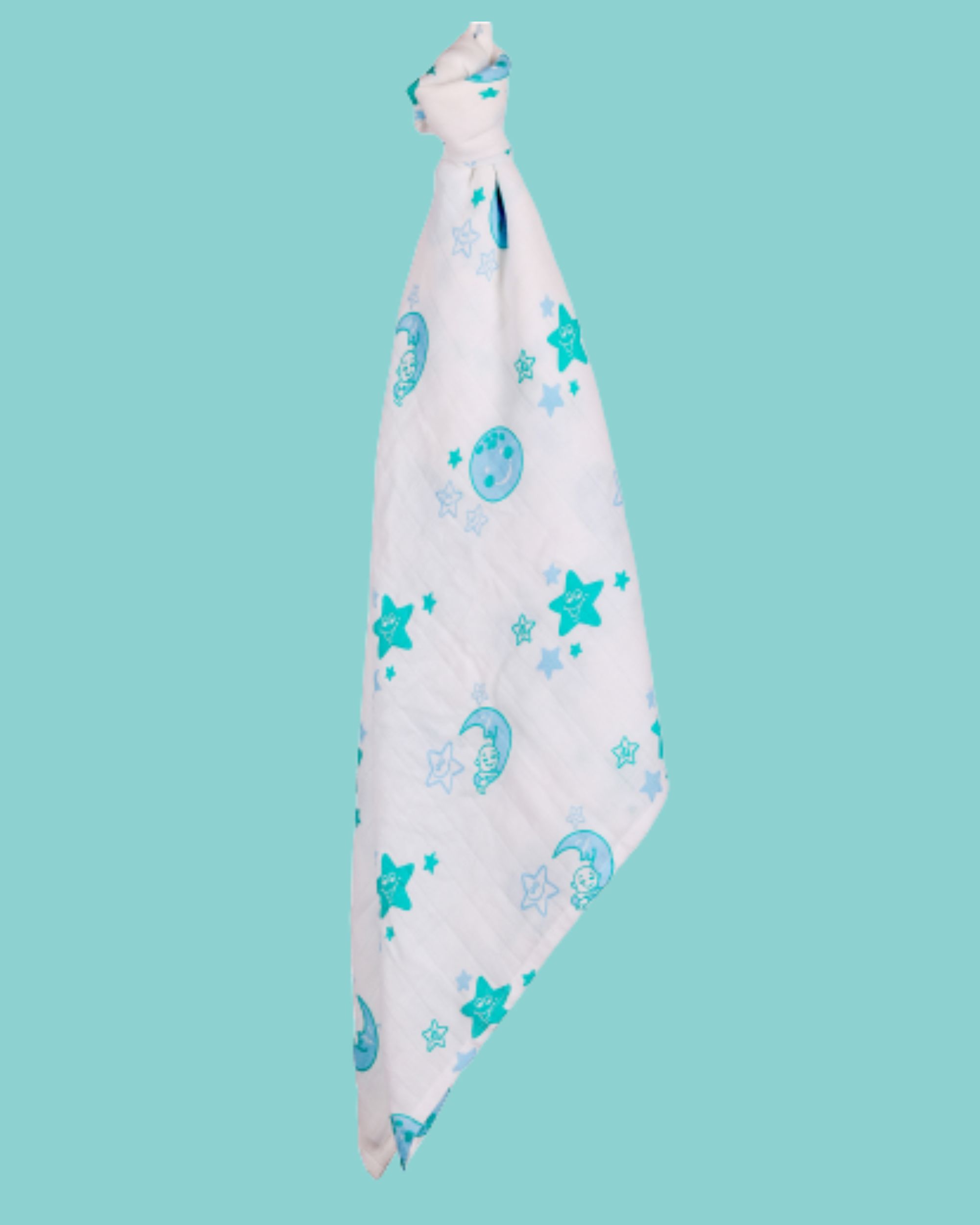 White and blue moon & stars printed muslin baby wrap swaddle - large