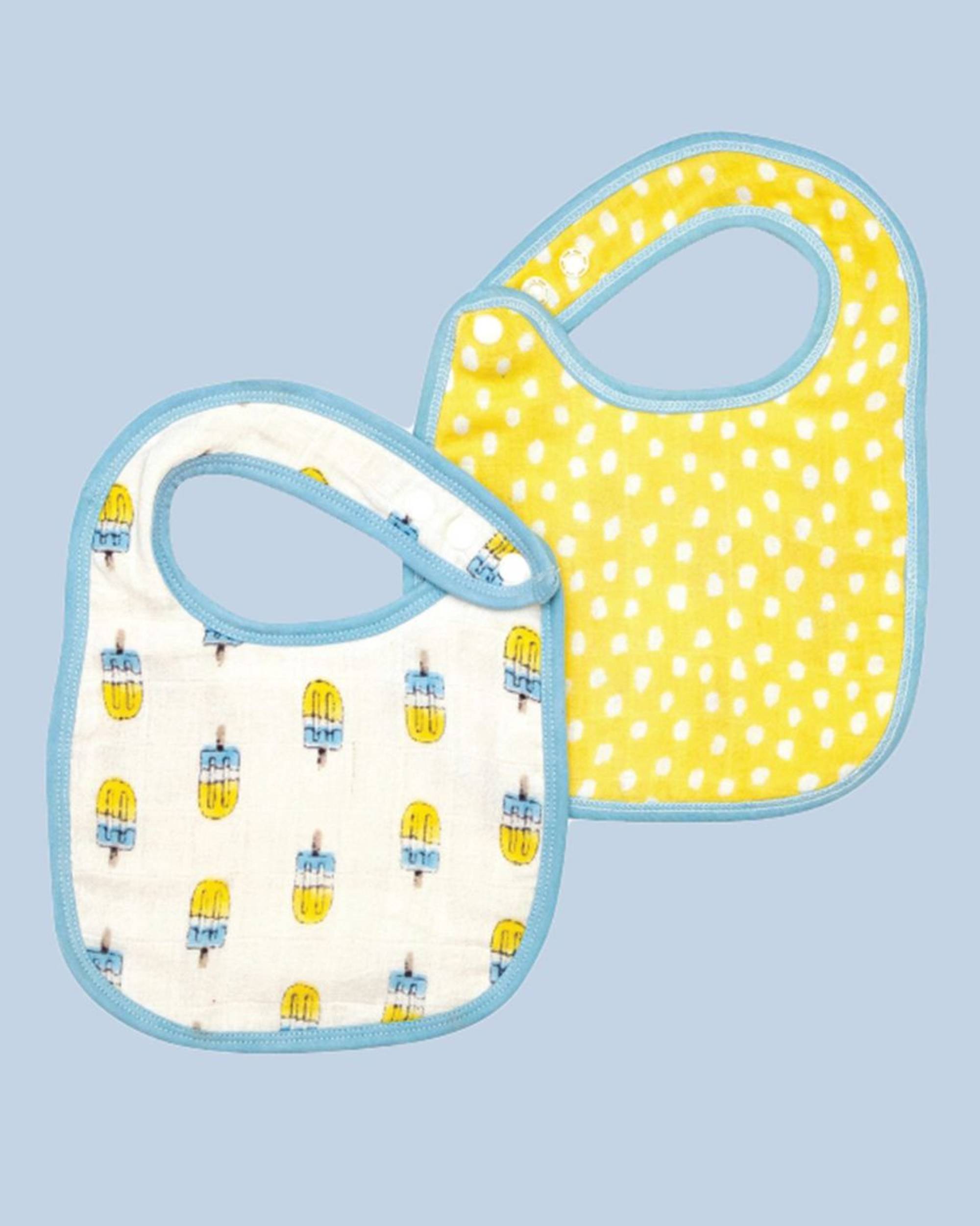Blue and yellow popsicle printed muslin baby bib - set of two