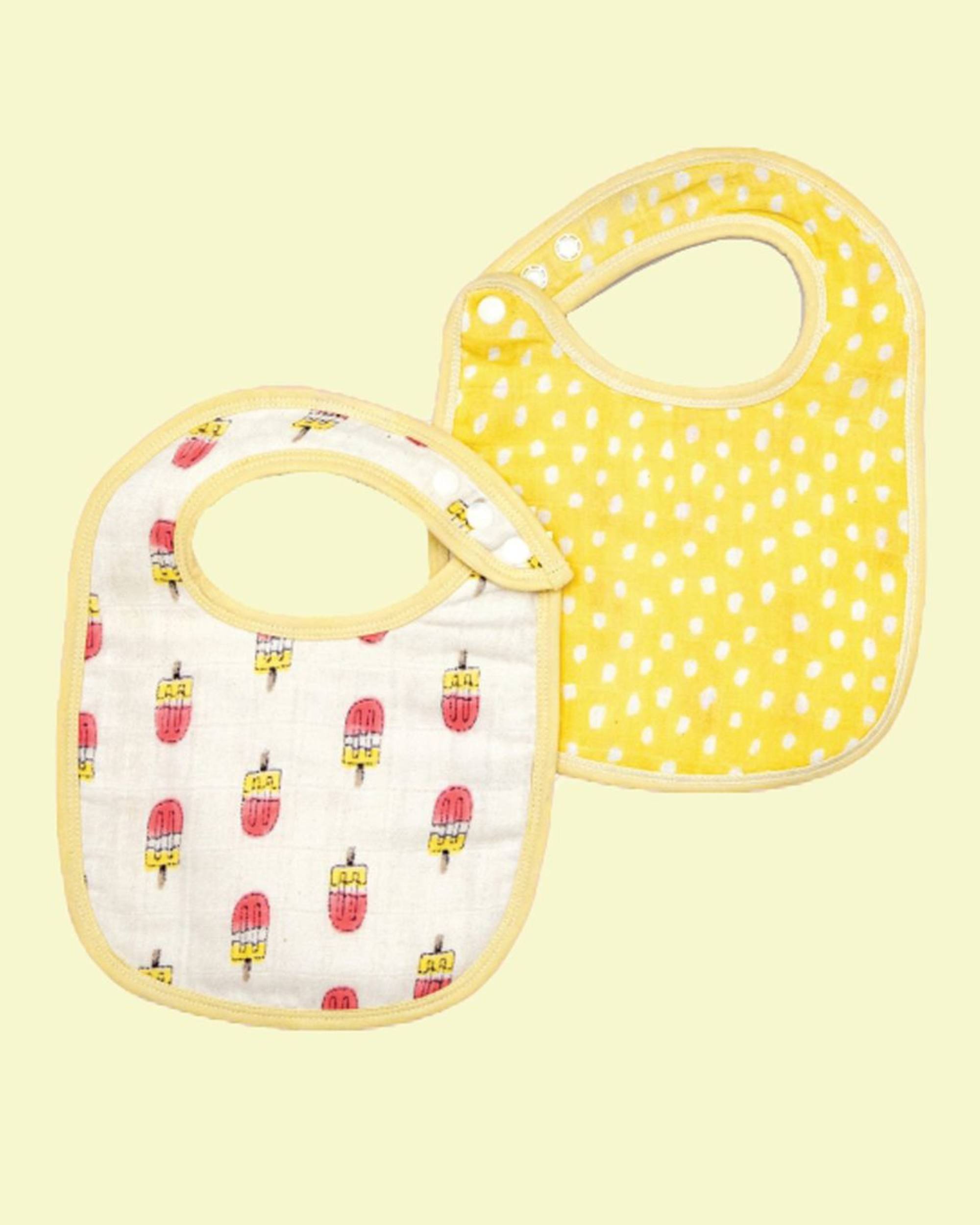 Pink and yellow popsicle printed muslin baby bib - set of two