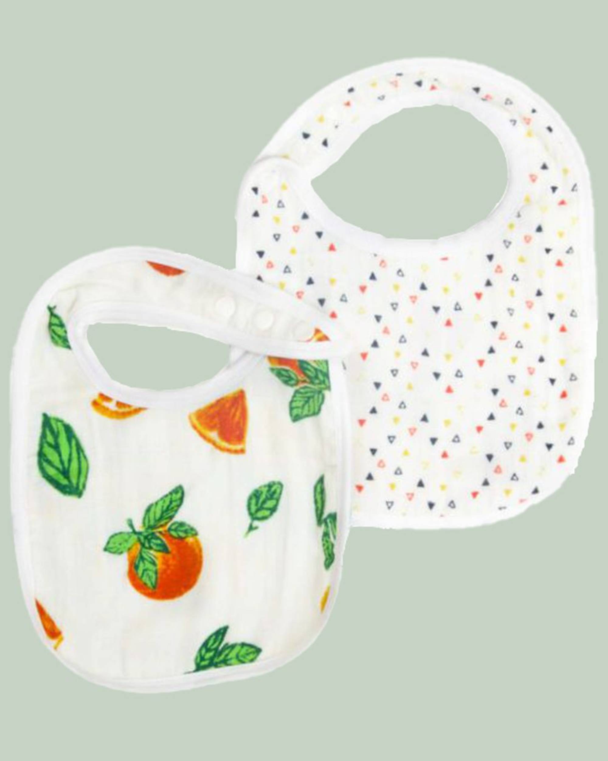 White and multicolor tropical fun themed muslin baby bib - set of two