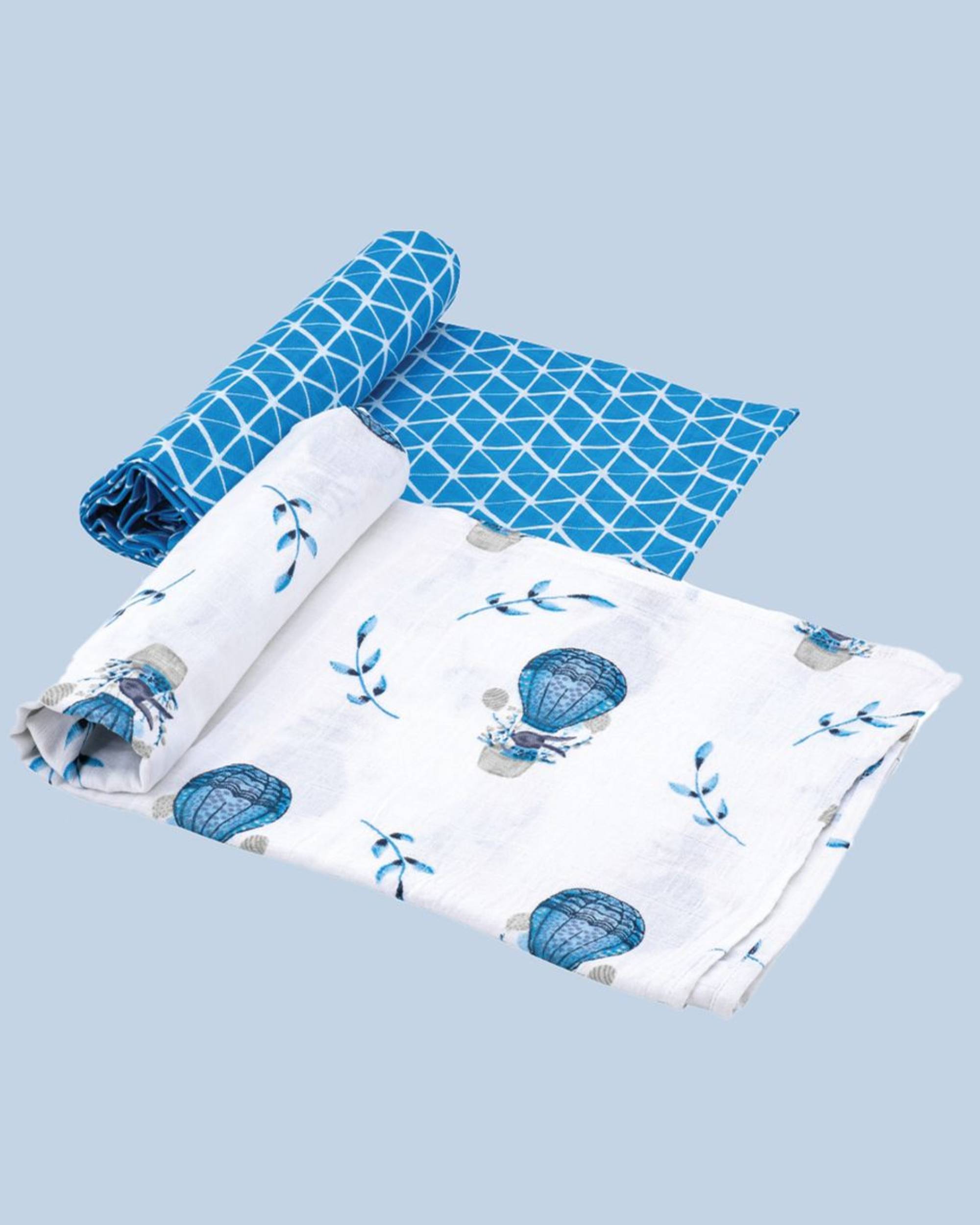 White and blue parachute printed muslin baby swaddle - set of two