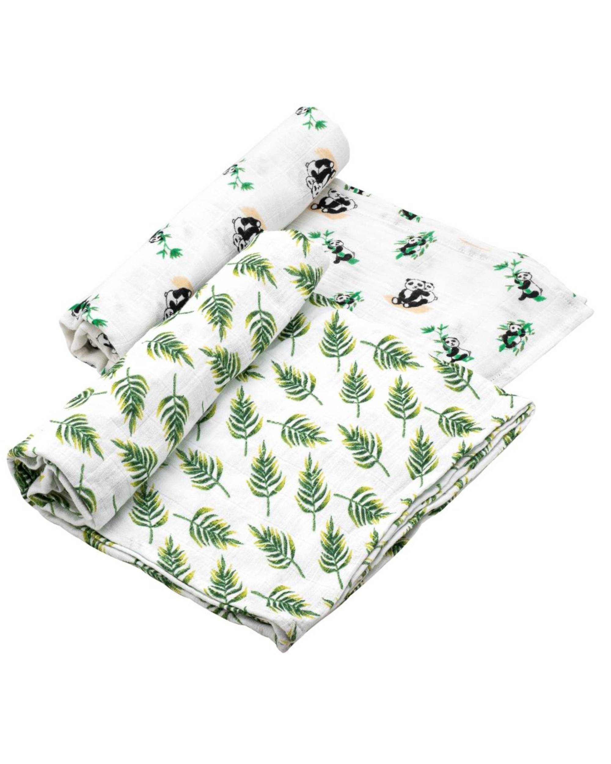 White and multicolor forest panda muslin baby swaddle - set of two