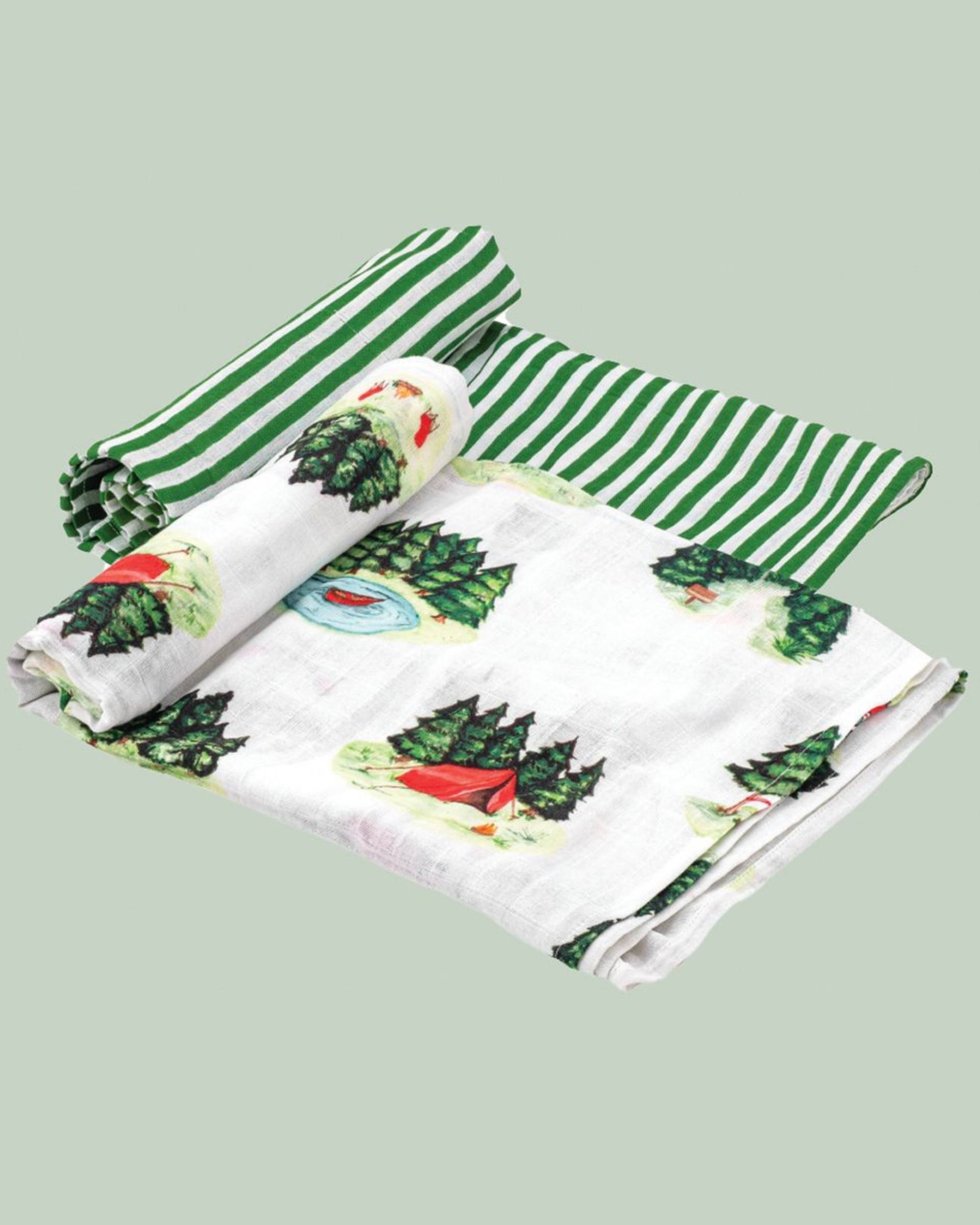 White and green camping adventure themed muslin baby swaddle - set of two
