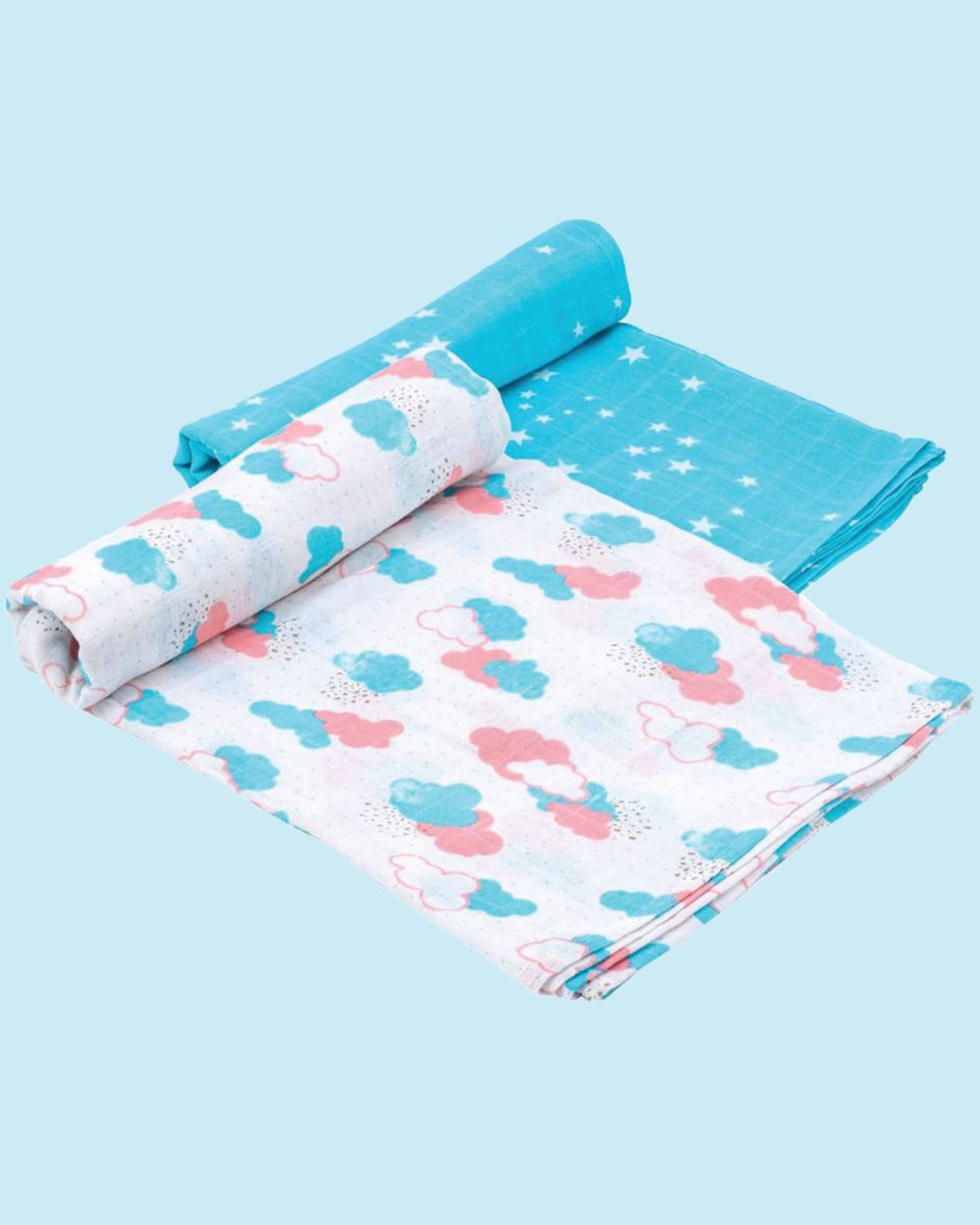 Blue and pink colorful sky themed muslin baby swaddle - set of two
