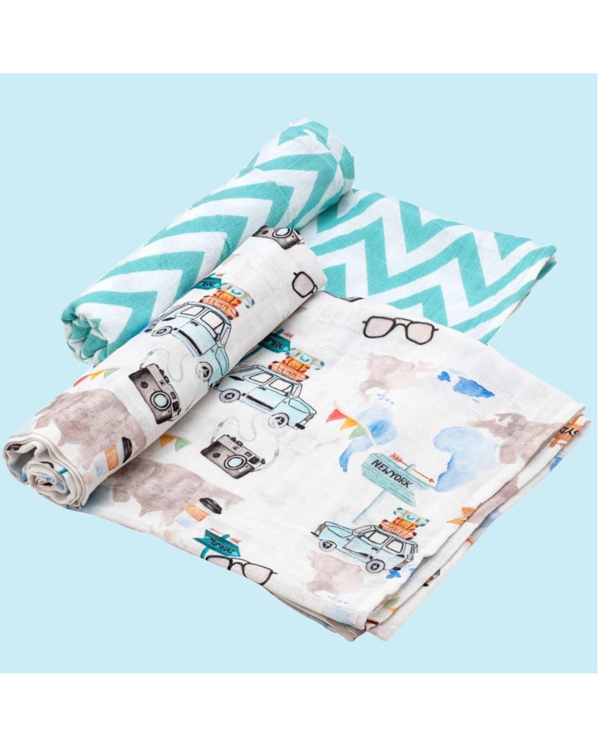 Blue and multicolor sunny outdoors themedmuslin baby swaddle - set of two