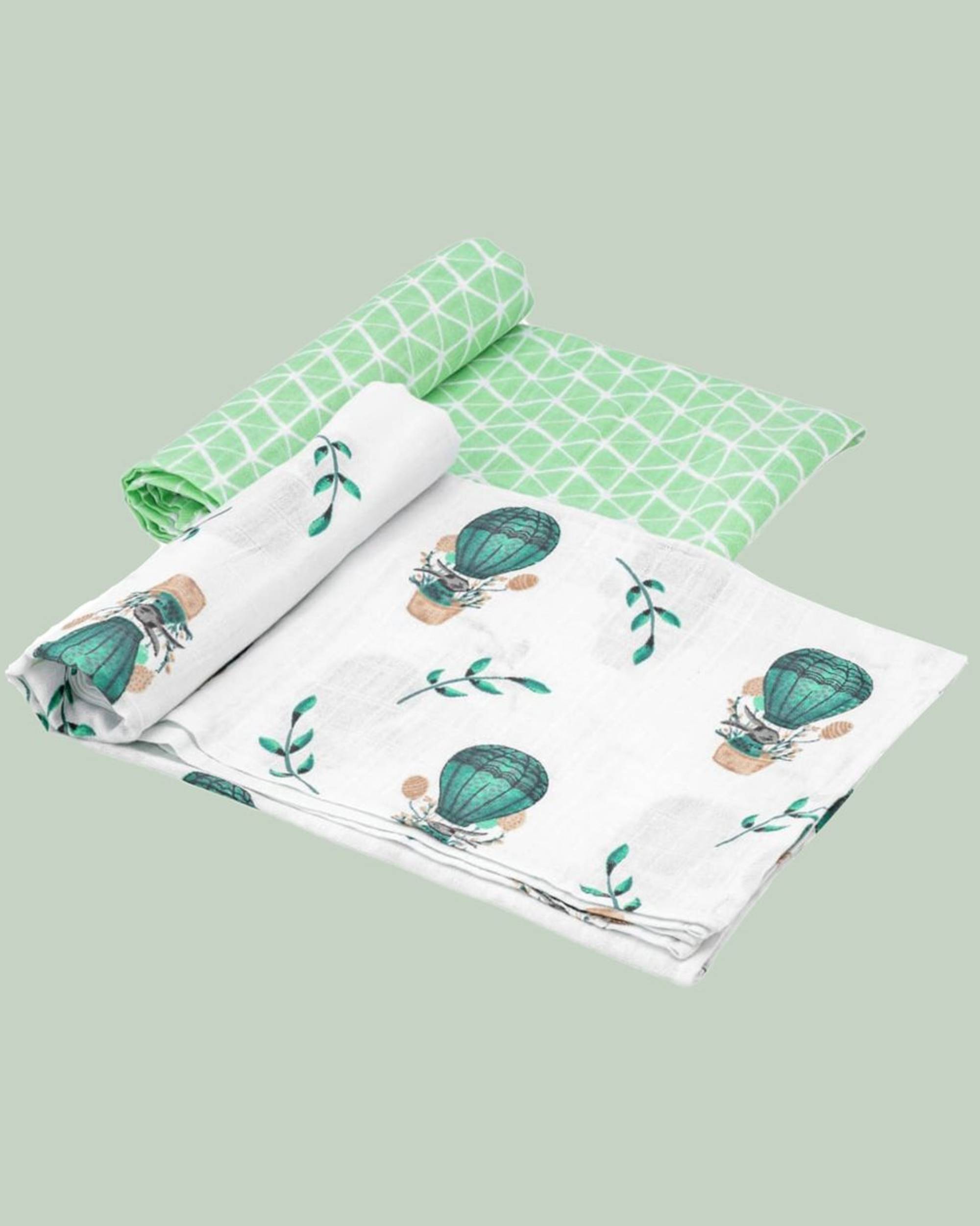 White and green parachute printed muslin baby swaddle - set of two