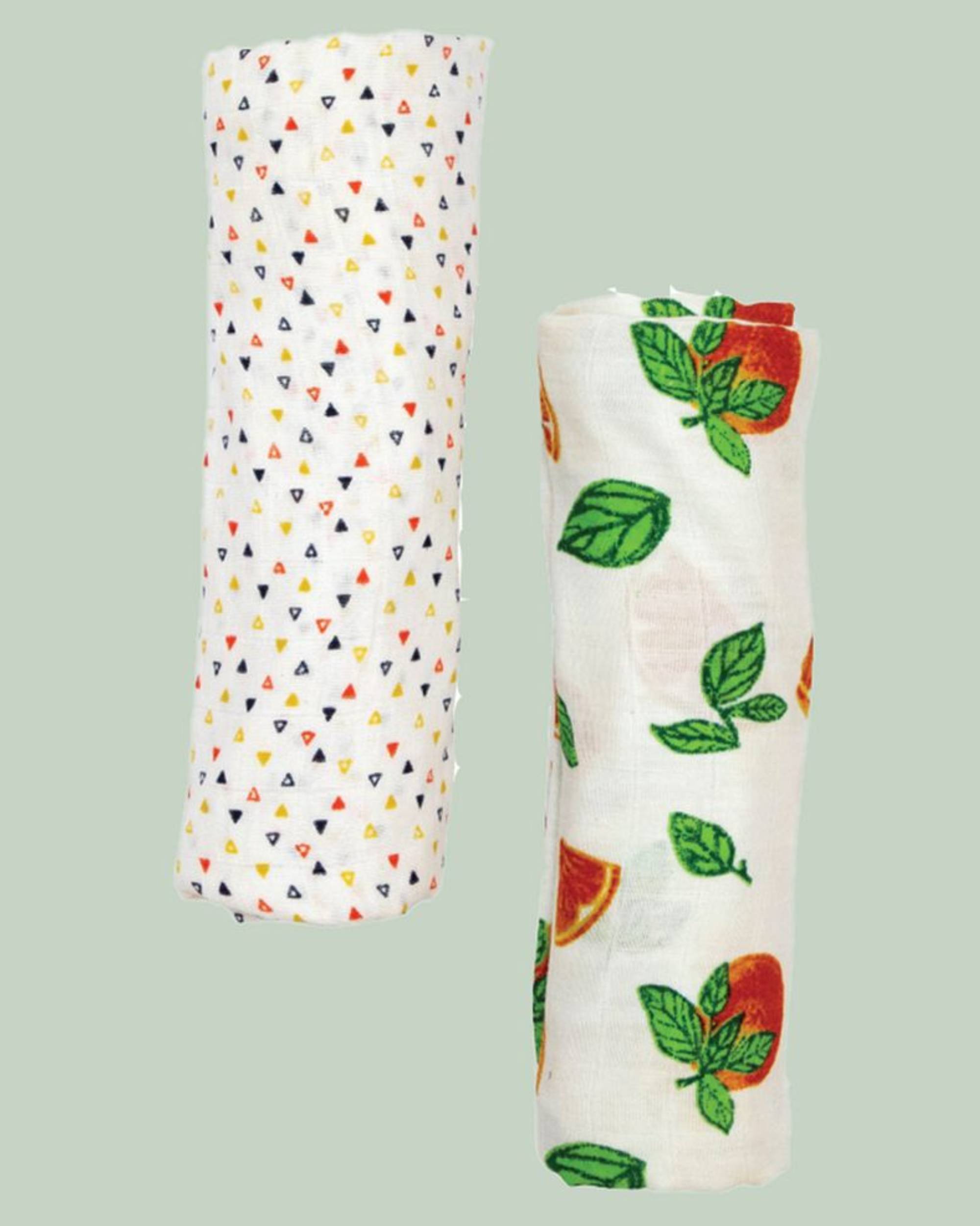 White and multicolor tropical fun themed muslin baby swaddle - set of two