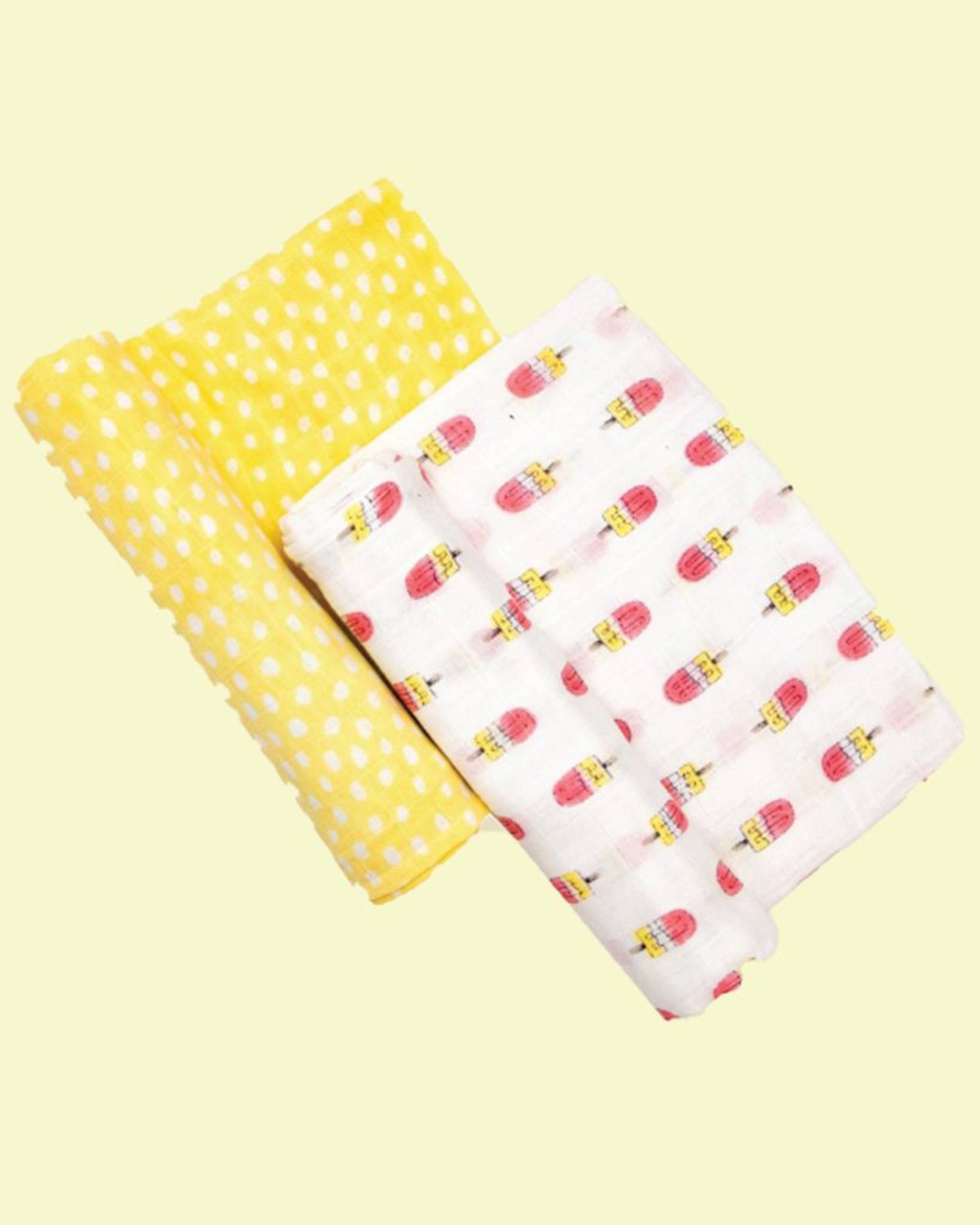 Pink and yellow popsicle printed muslin baby swaddle - set of two