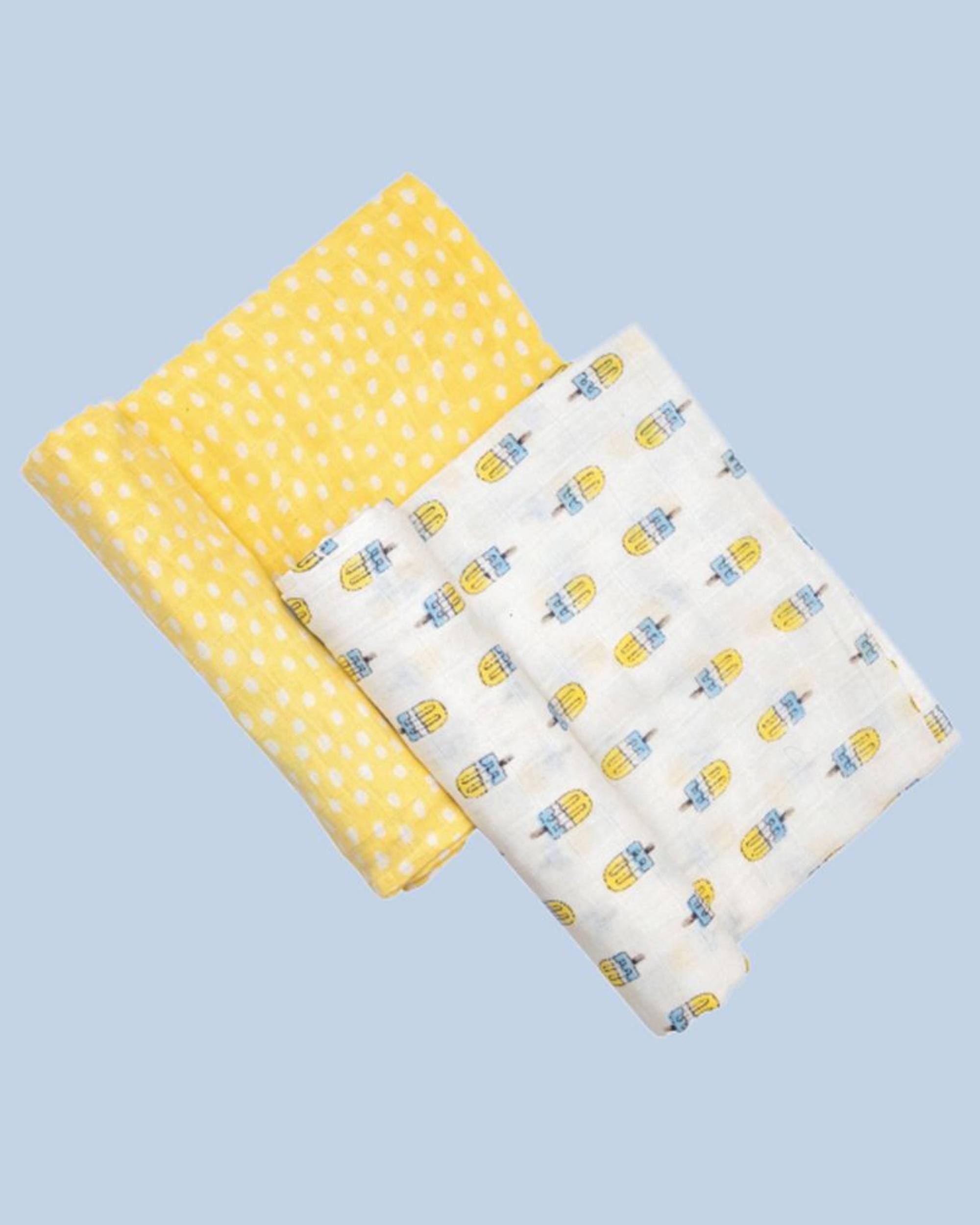 Blue and yellow popsicle printed muslin baby swaddle - set of two