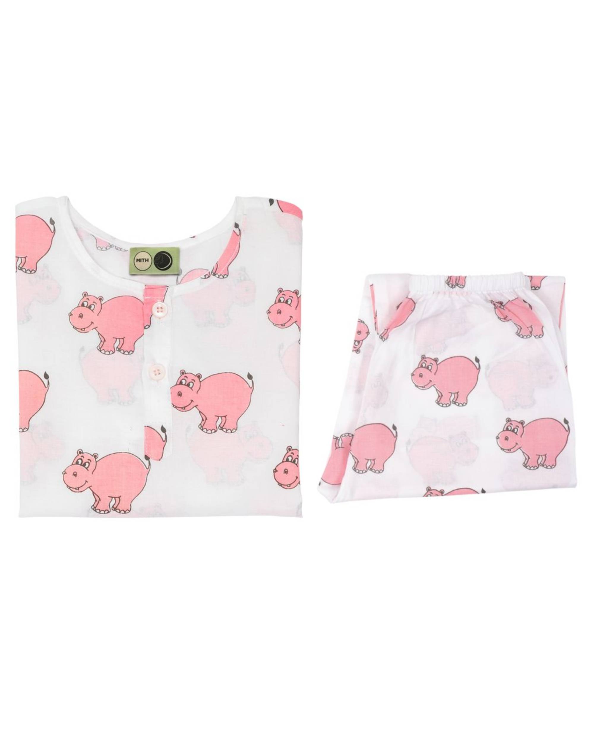 White and pink hippo printed unisex night suit - set of two
