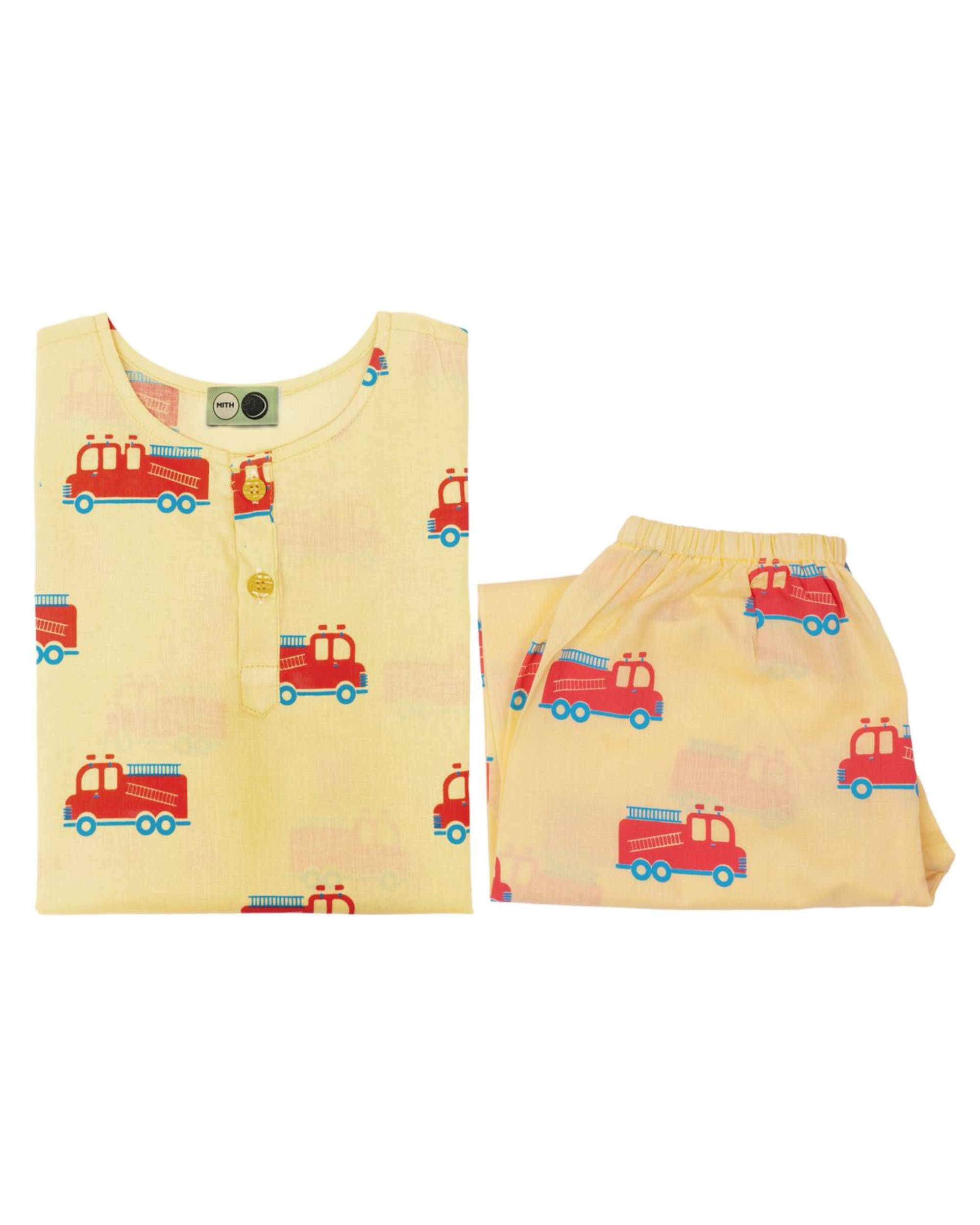 Yellow and multicolor firefighter truck printed unisex night suit - set of two